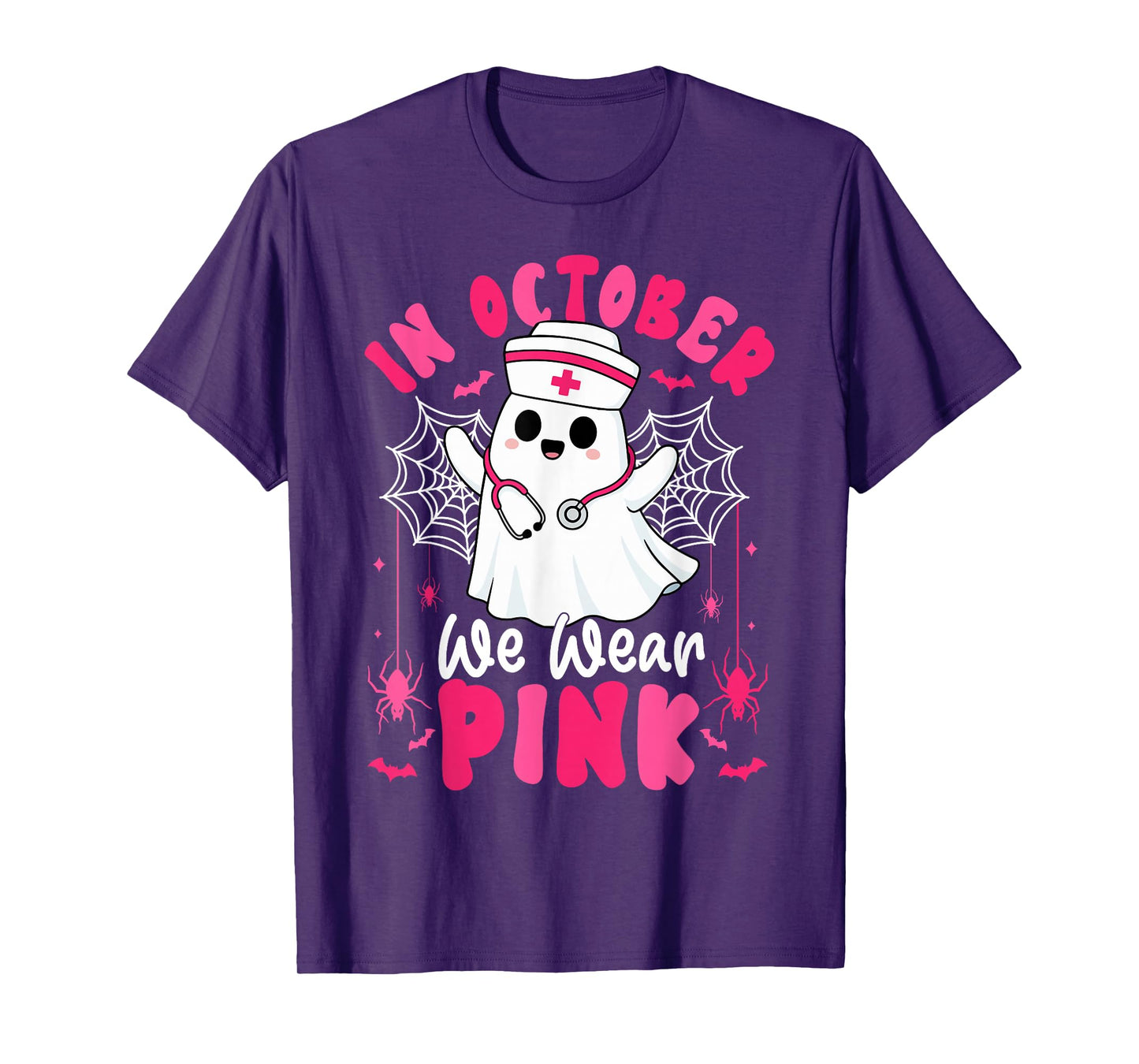 in October We Wear Pink Ghost Nurse Breast Cancer Awareness T-Shirt