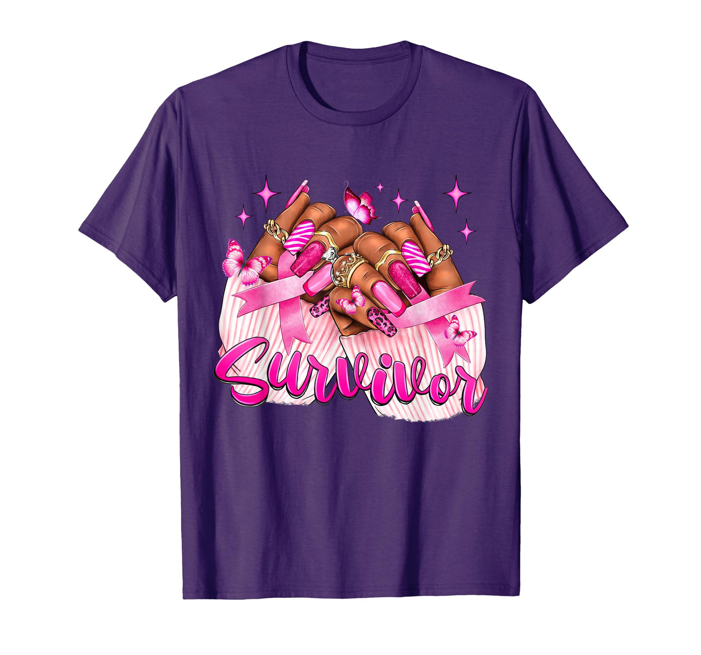 Breast Cancer Survivor Awareness Black Woman Nails Pink T-Shirt