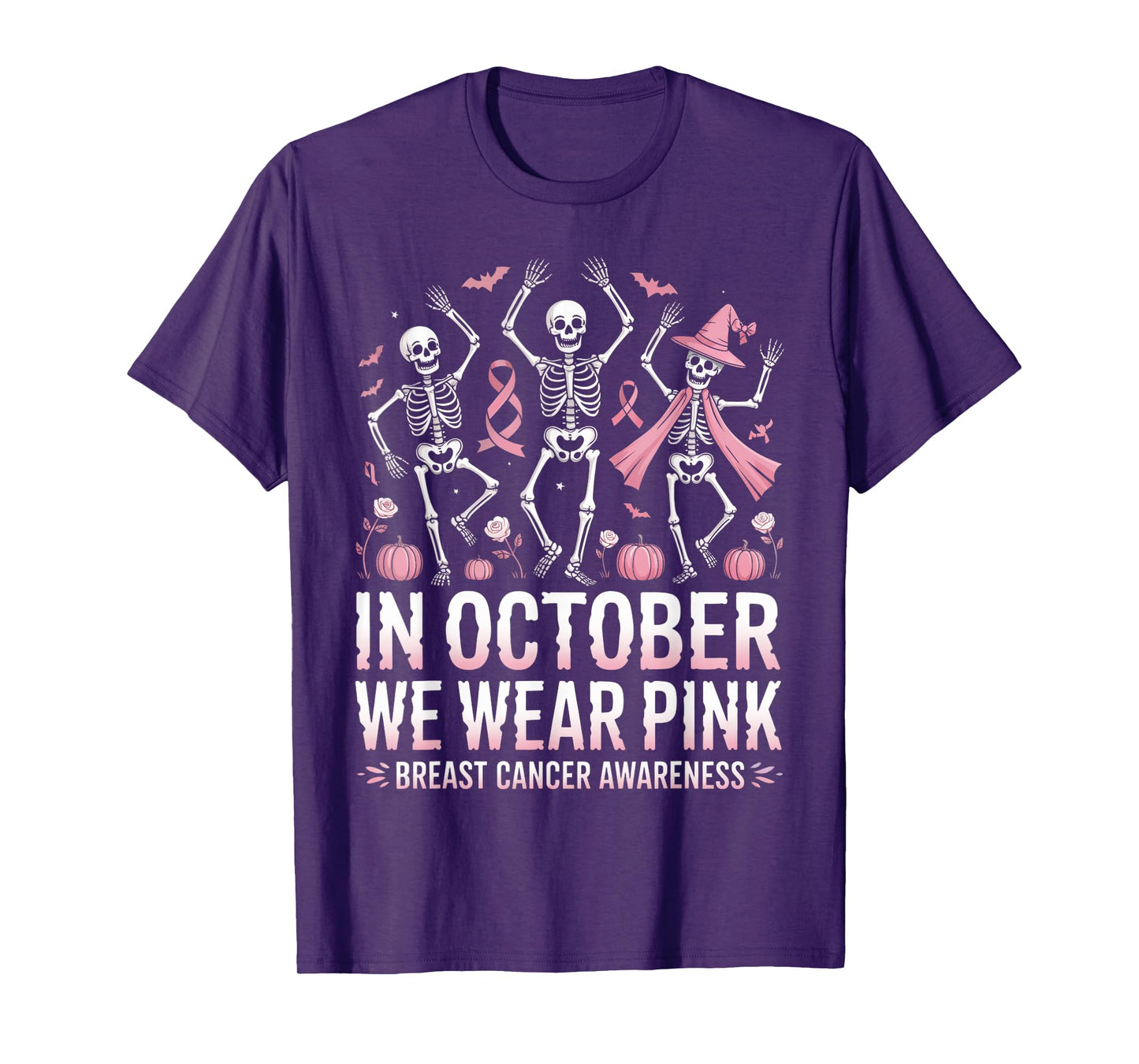 in October We Wear Pink Halloween Skeleton Breast Cancer T-Shirt