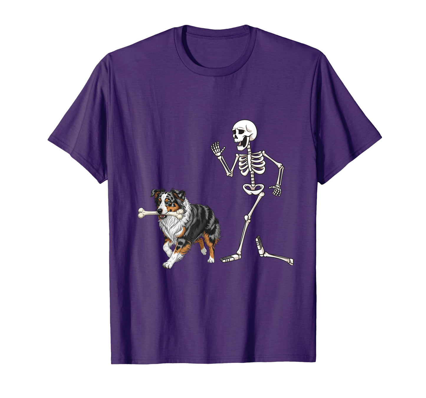 Funny Halloween Australian Shepherd and Skeleton T-Shirt