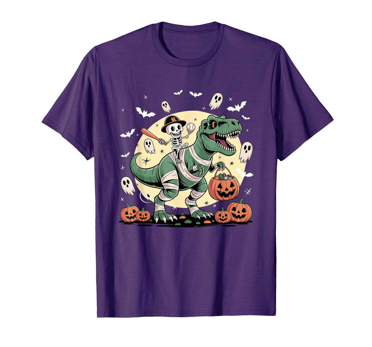 Baseball Skeleton Riding Mummy Dinosaur T-Rex Halloween Boys T-Shirt