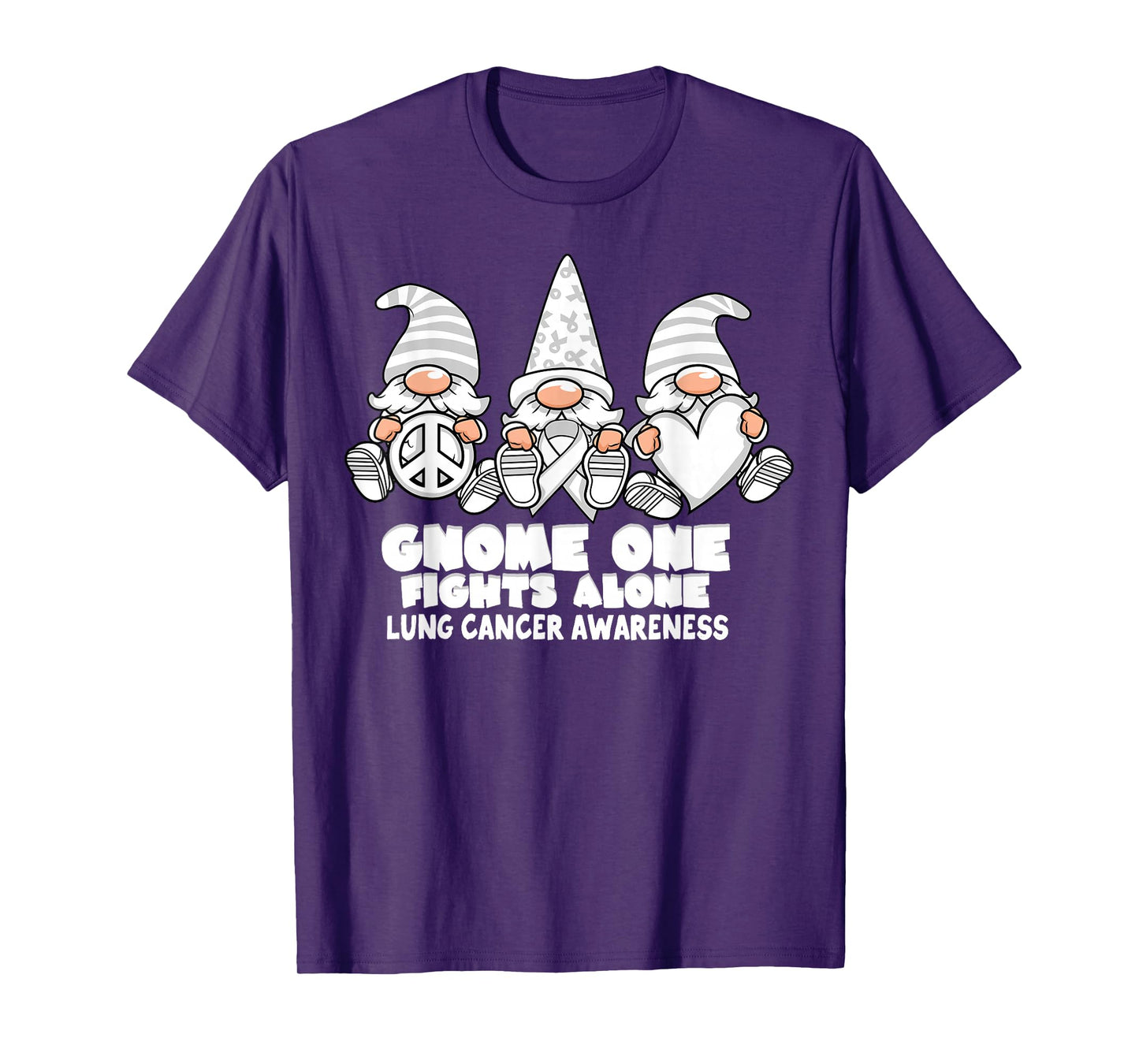 Lung Cancer Awareness Gnome One Fights Alone Wear White T-Shirt