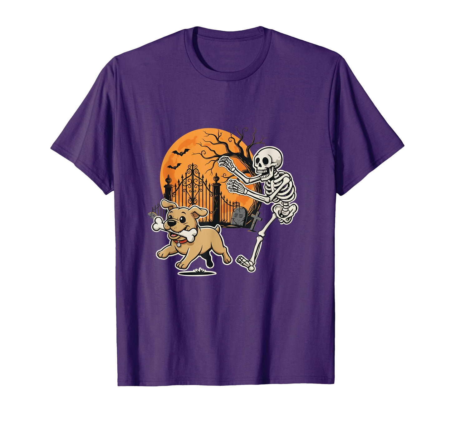 Halloween Dog Funny Skeleton Chasing Graveyard Spooky Season T-Shirt