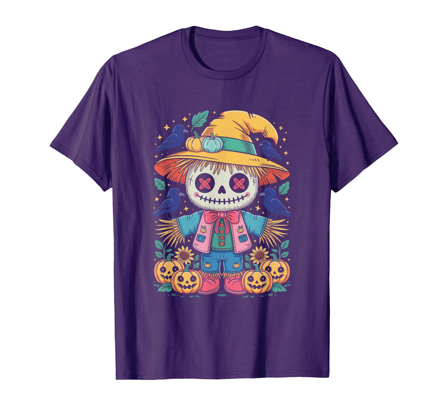 Scarecrow Skeleton Pastel Halloween Pumpkins Crows T-Shirt