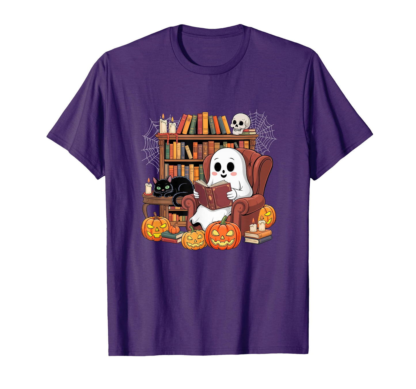 Boo Reading Books with Cat Colorful Halloween Librarian T-Shirt