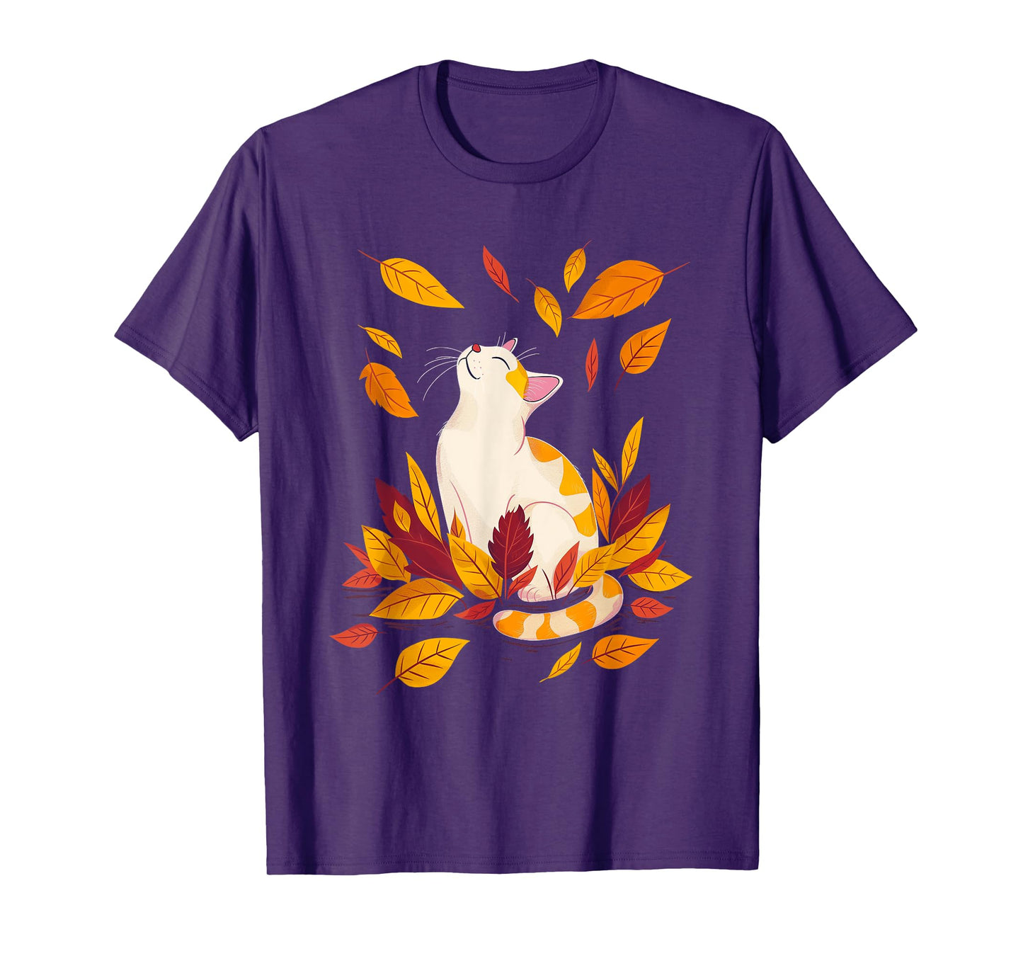 Cat Fall Leaf Tree Hello Autumn Thanksgiving T-Shirt