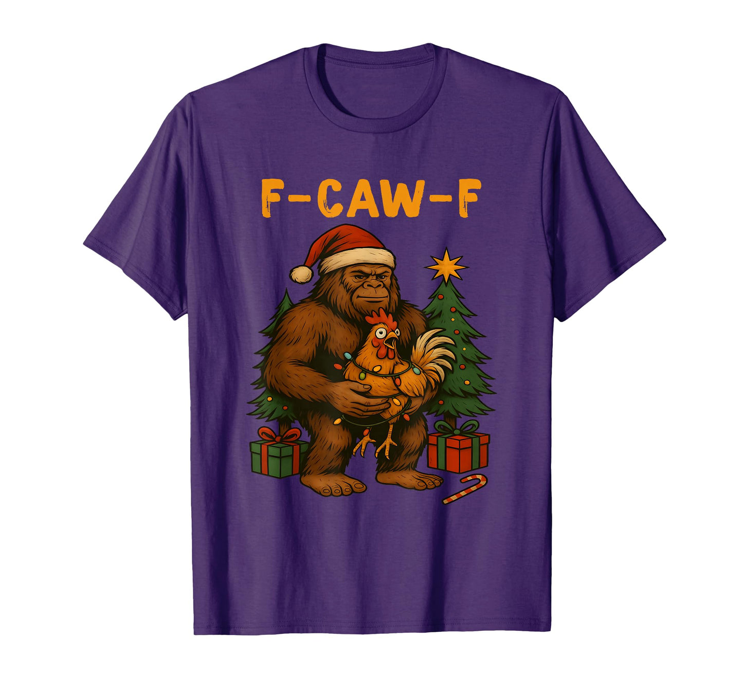 Bigfoot Holding Rooster Meme F-Caw-F Chicken Christmas T-Shirt