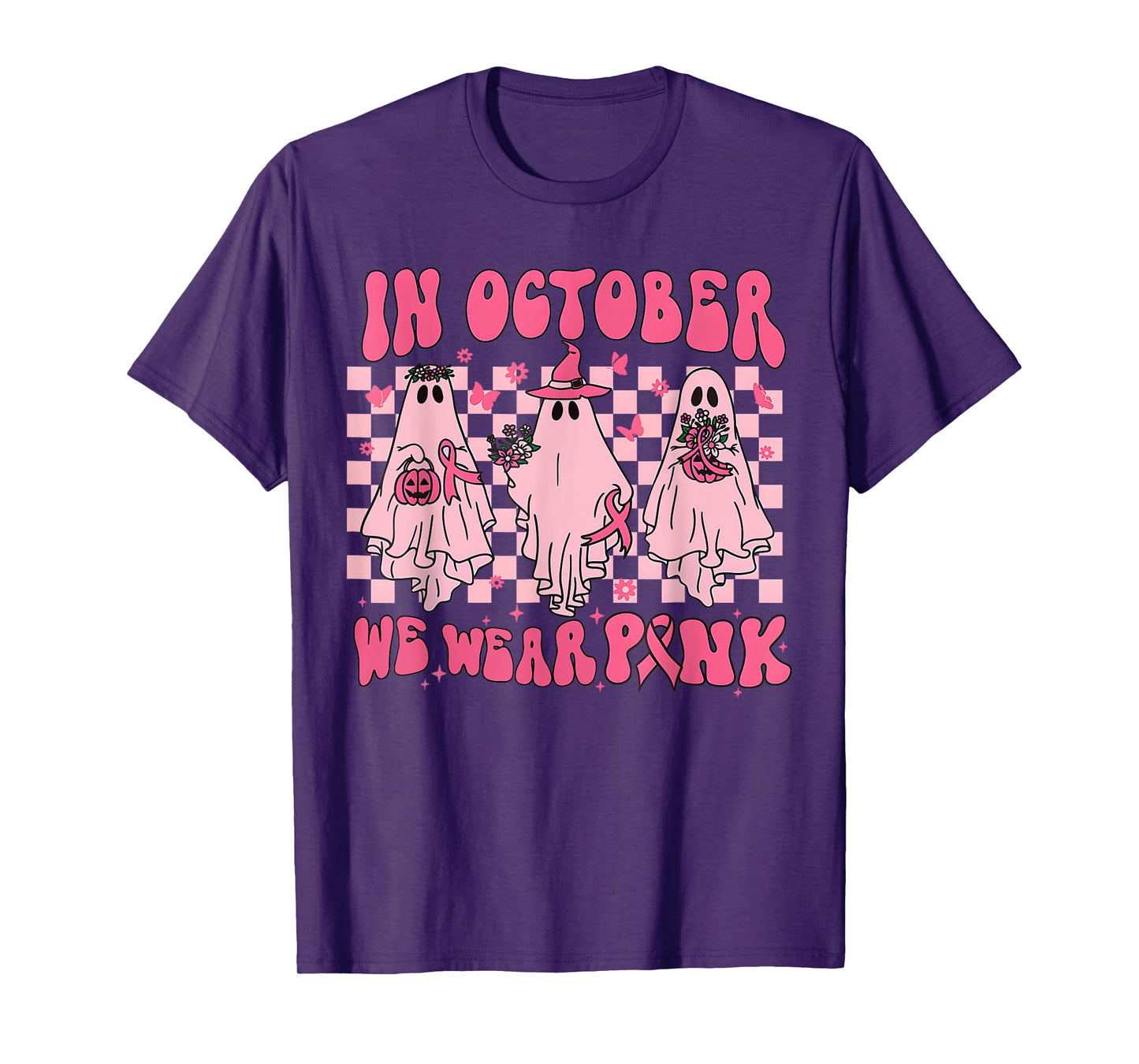 In October We Wear Pink Ghost Groovy Breast Cancer Halloween T-Shirt