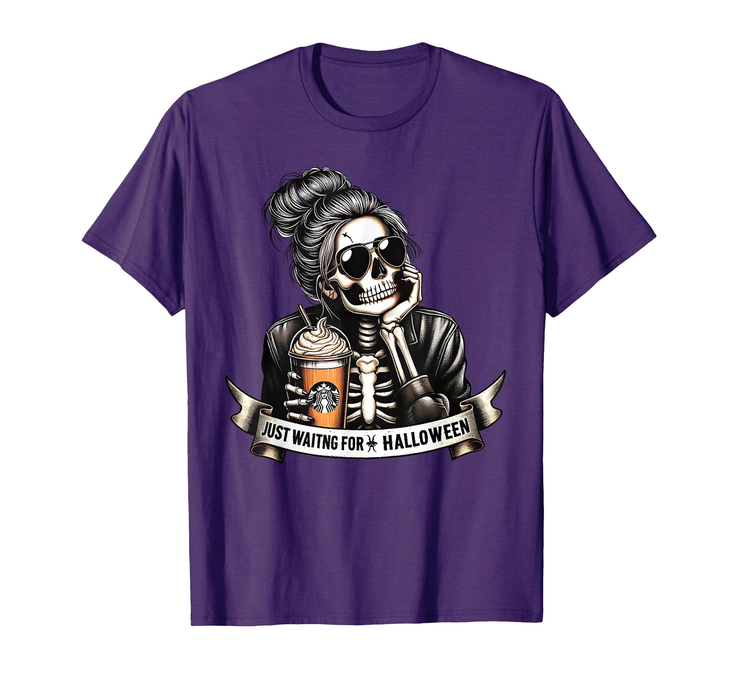 Just Waiting For Halloween Spooky Season Skeleton Coffee T-Shirt