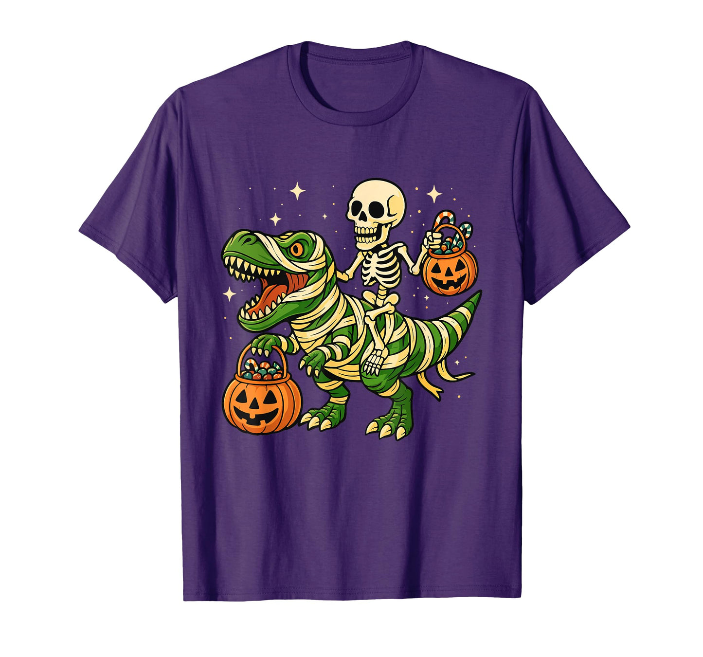 Skeleton Riding T-Rex - Spooky Halloween Jack O'Lantern T-Shirt