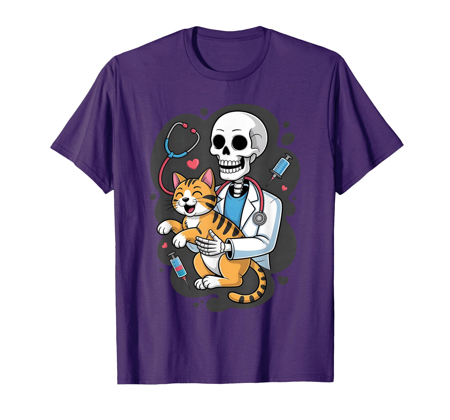 Skeleton Hugging Cat Funny Vet Cat Lover Halloween Men Women T-Shirt