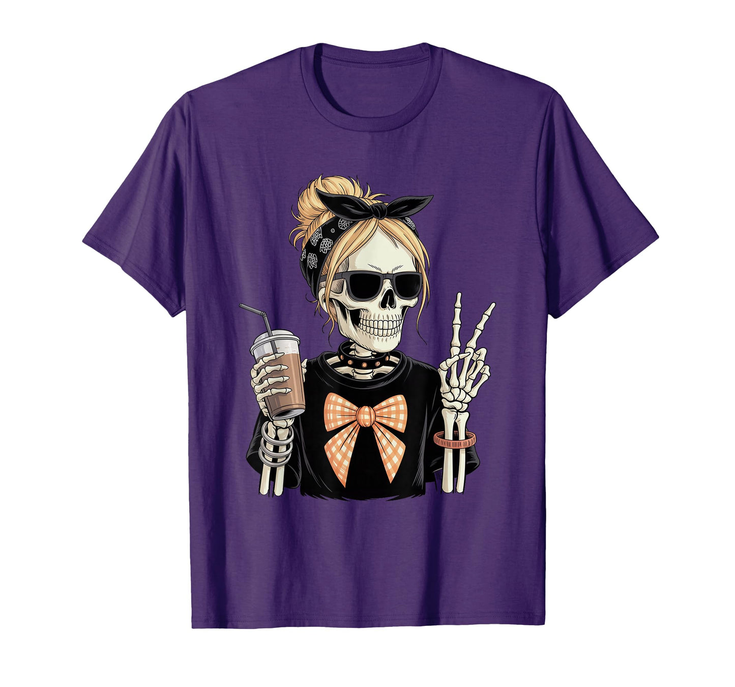 Skeleton Girl Drinking Coffee Peace Sign Graphic for Women T-Shirt