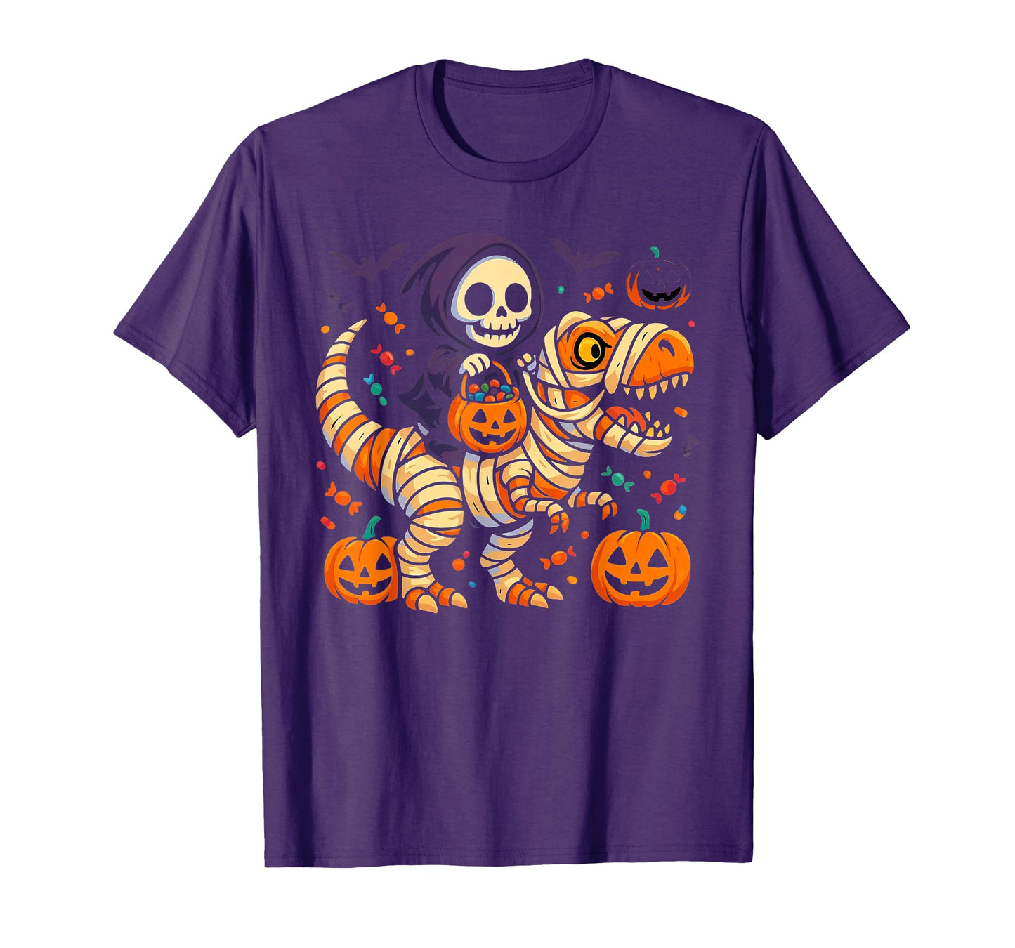 Skeleton Riding Mummy Dinosaur T Rex Pumpkin Funny Halloween T-Shirt