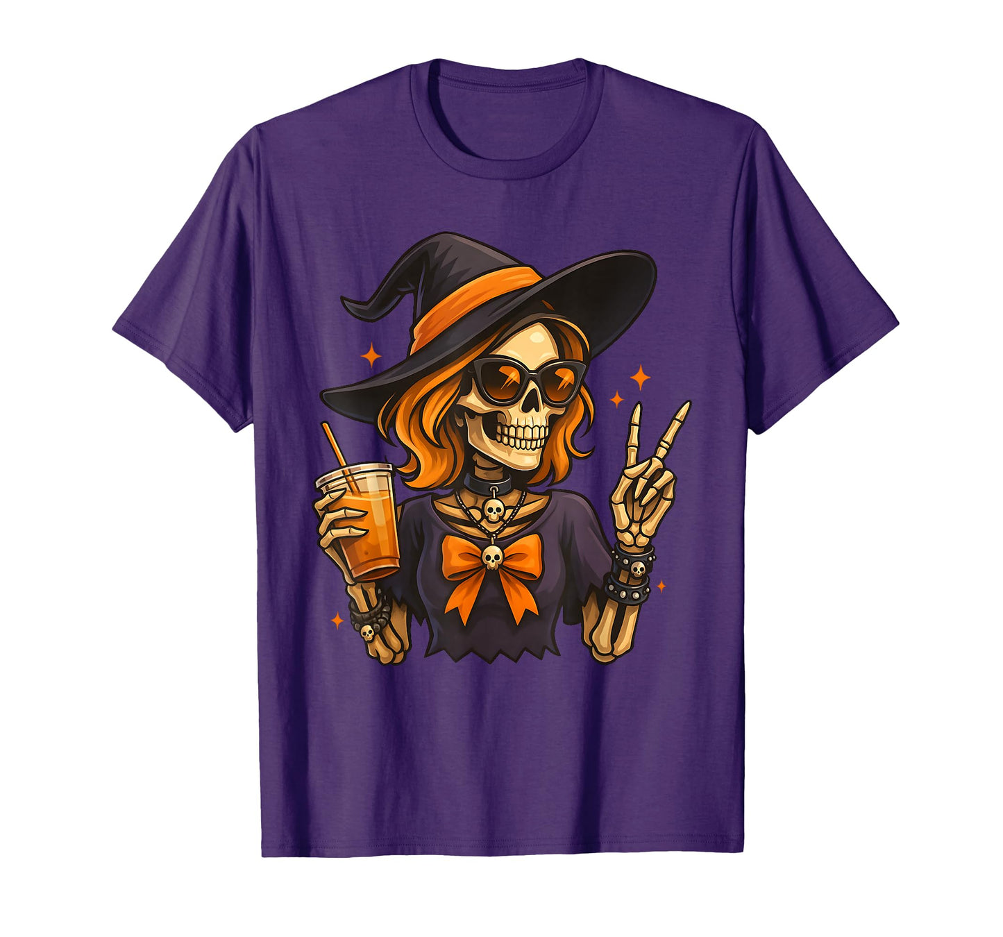 Skeleton Girl Drinking Coffee Peace Sign Witch Halloween T-Shirt