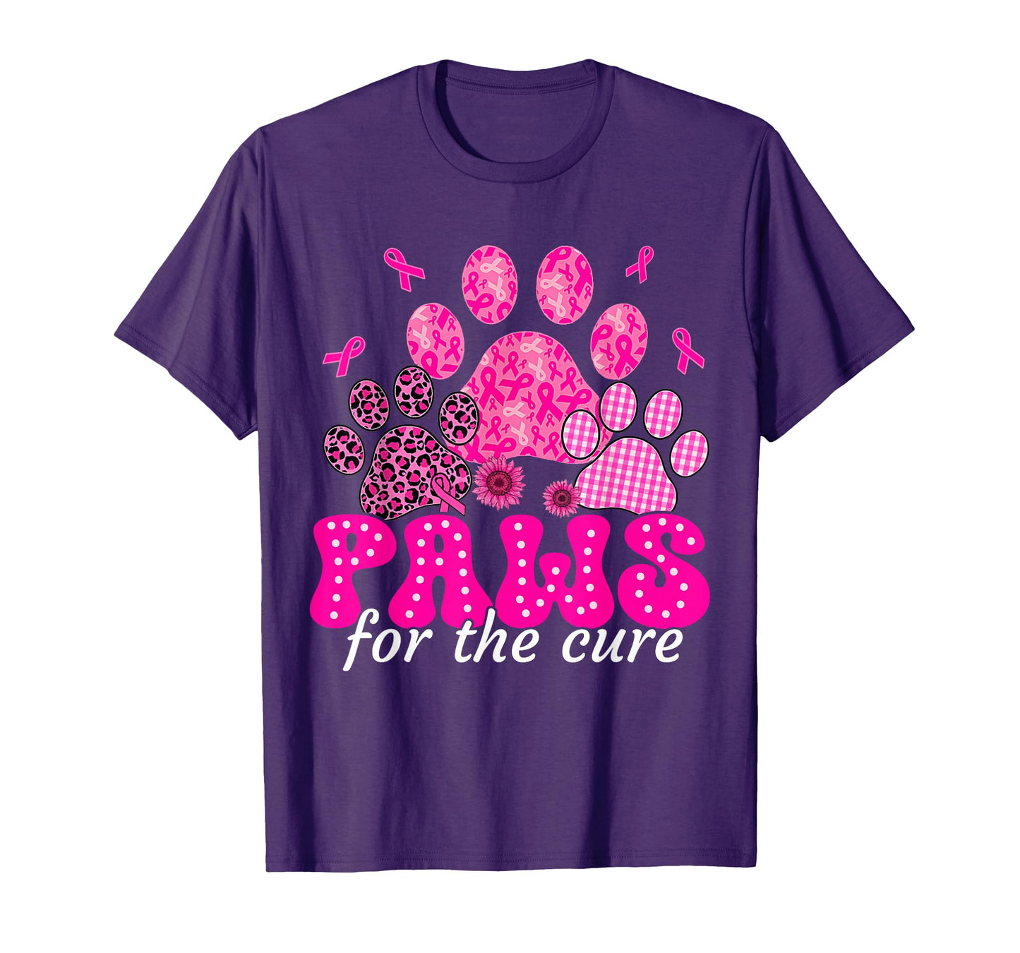 Paws for The Cure Dog Lover Pink Ribbon Breast Cancer Retro T-Shirt