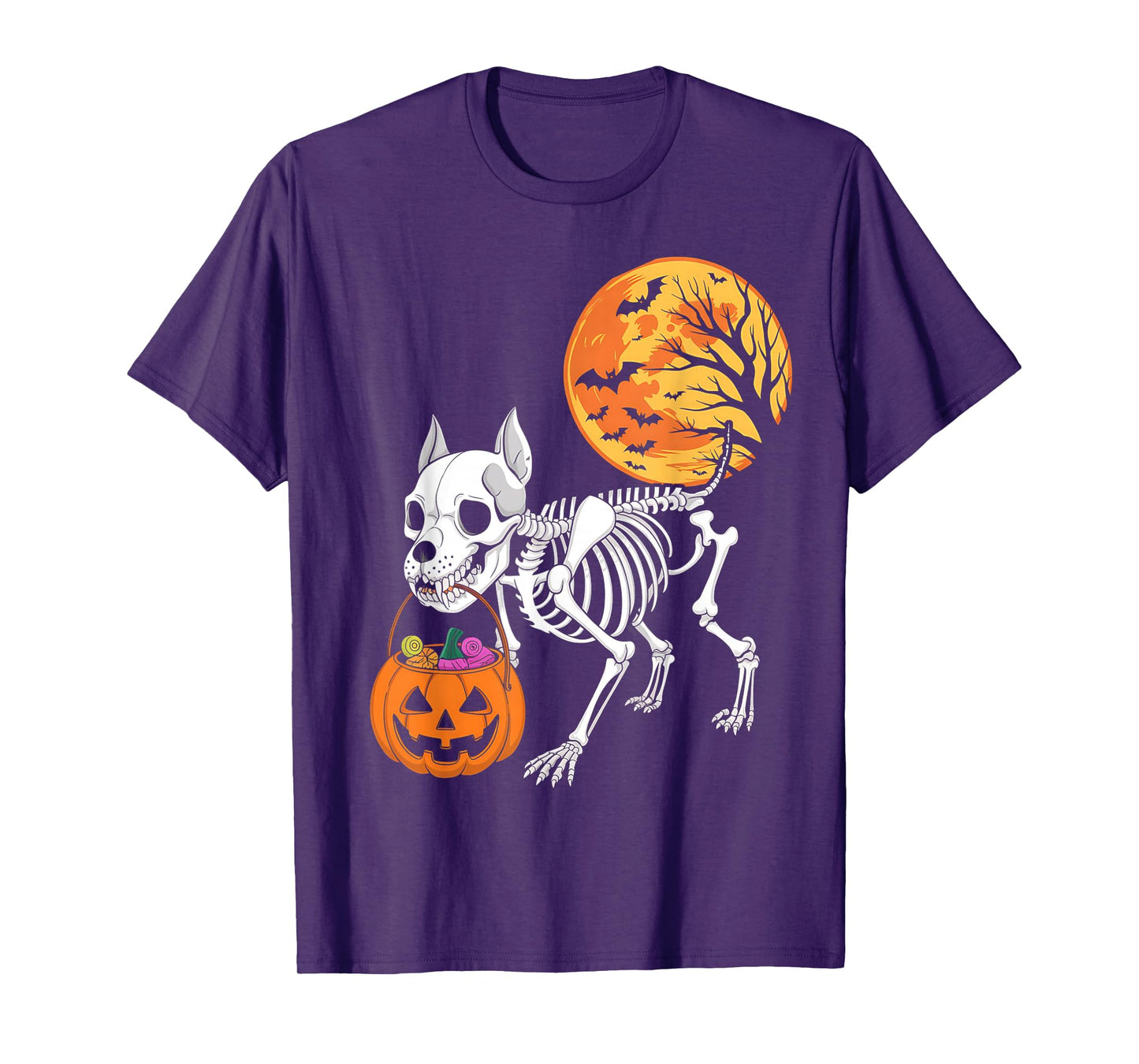 Funny Pitbull Dog Skeleton Scary Pumpkin Moon Halloween T-Shirt