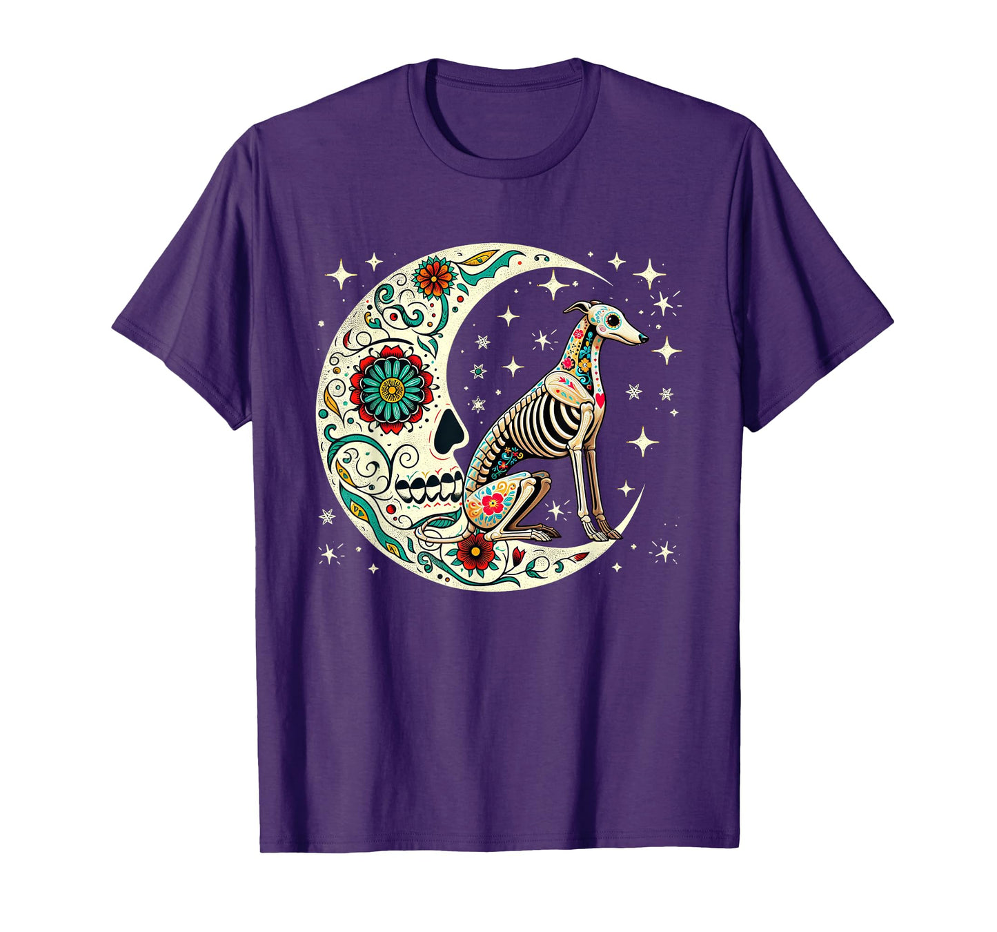 Dia De Los Muertos Halloween Moon Floral Skeleton Whippet T-Shirt