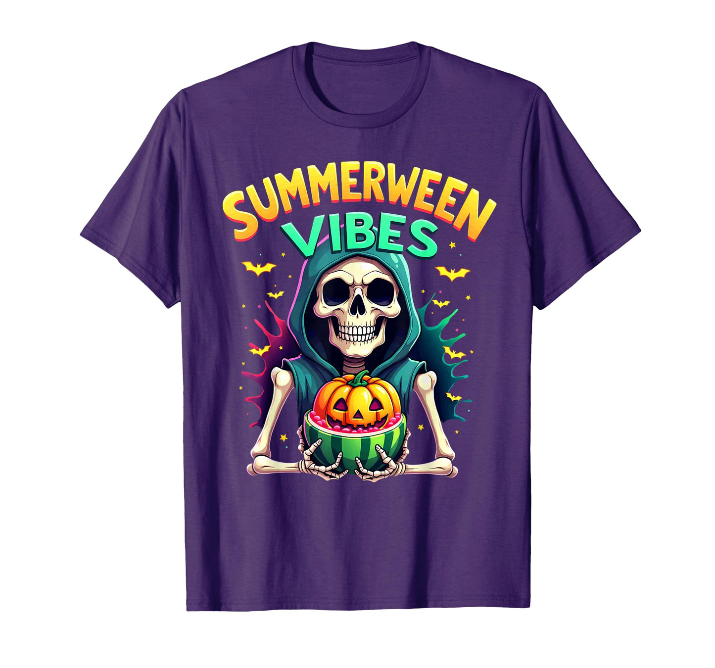 Ghost Skeleton Eating Watermelon Summerween Vibes T-Shirt