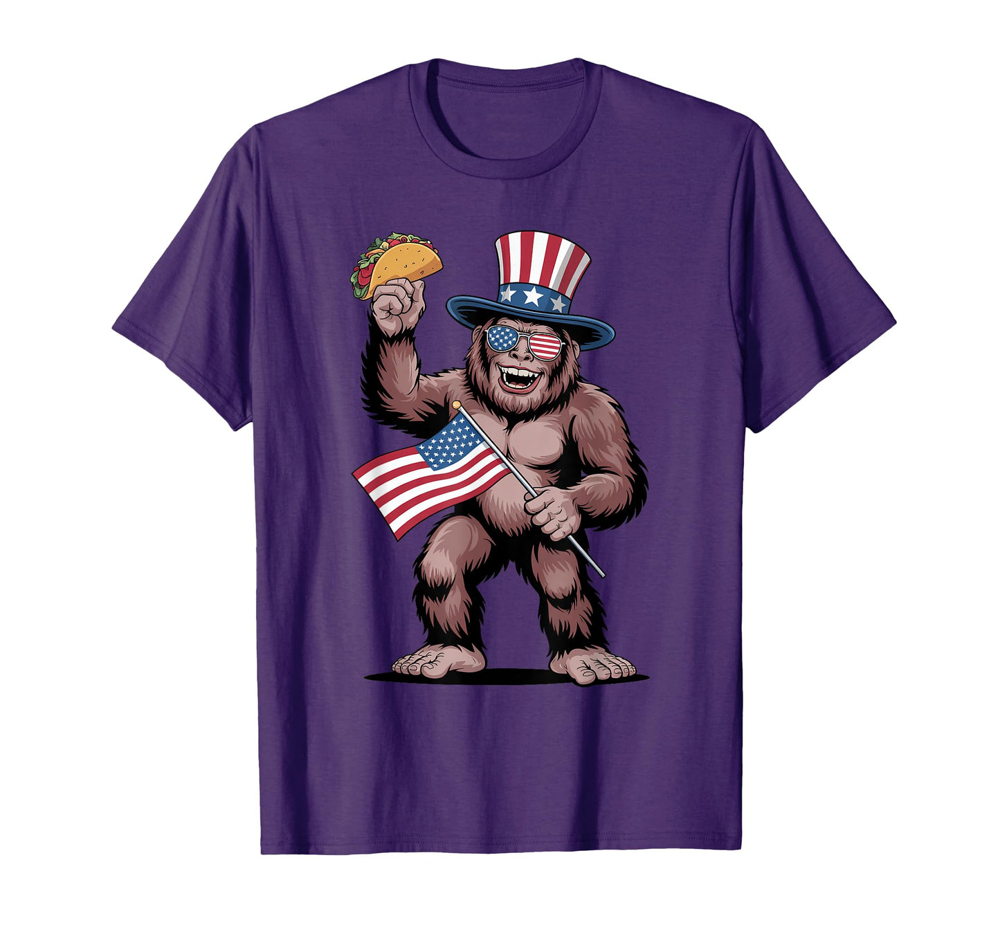 Patriotic Bigfoot Holding Taco with USA Flag Funny July 4th T-Shirt
