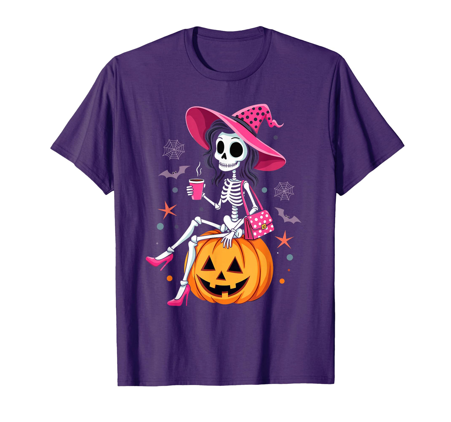 Cute Skeleton Drinking Coffee Halloween Costume Women Girls T-Shirt