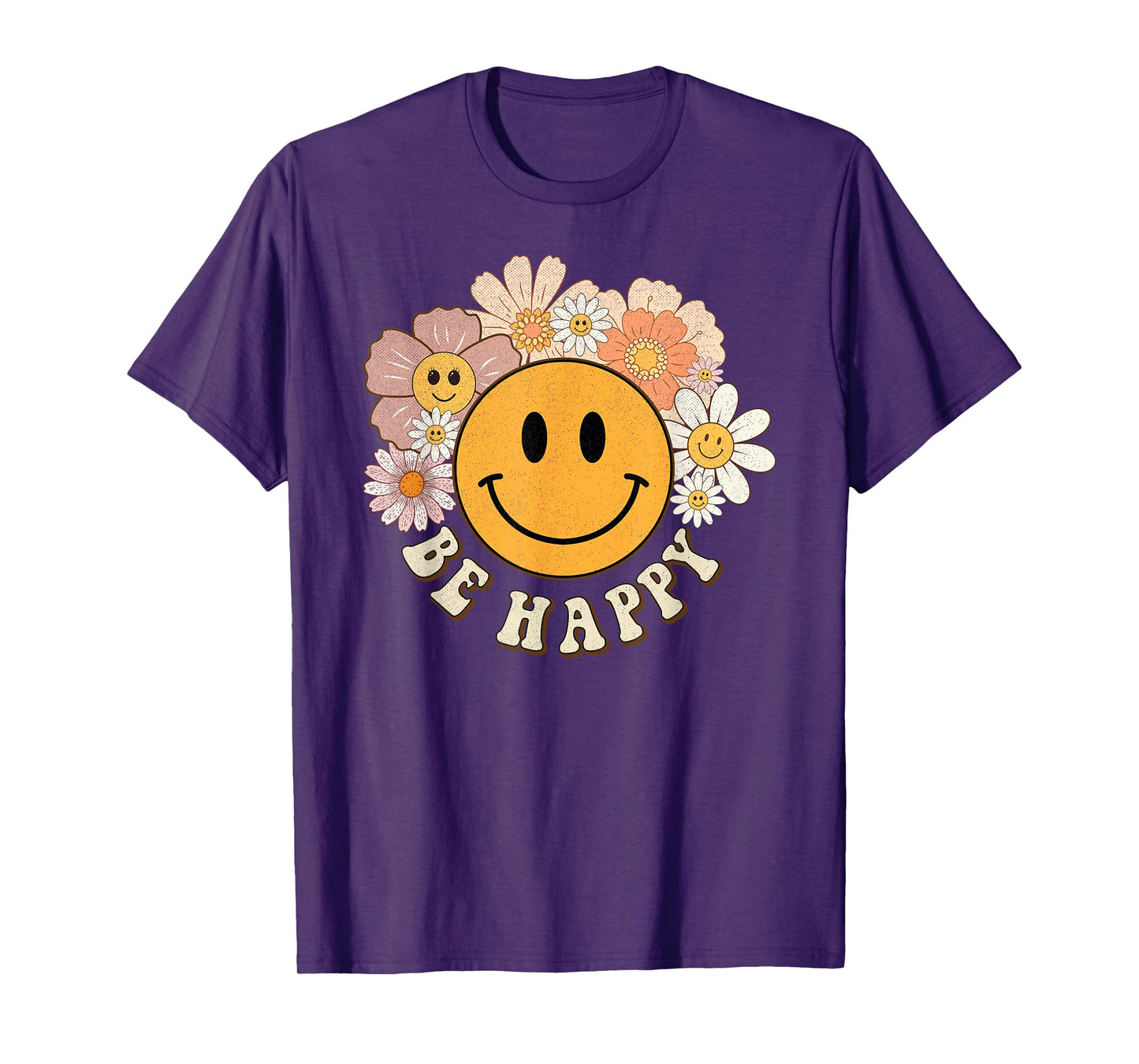 Retro Groovy Be Happy Smile Face Cute Hippie Flowers 70s T-Shirt
