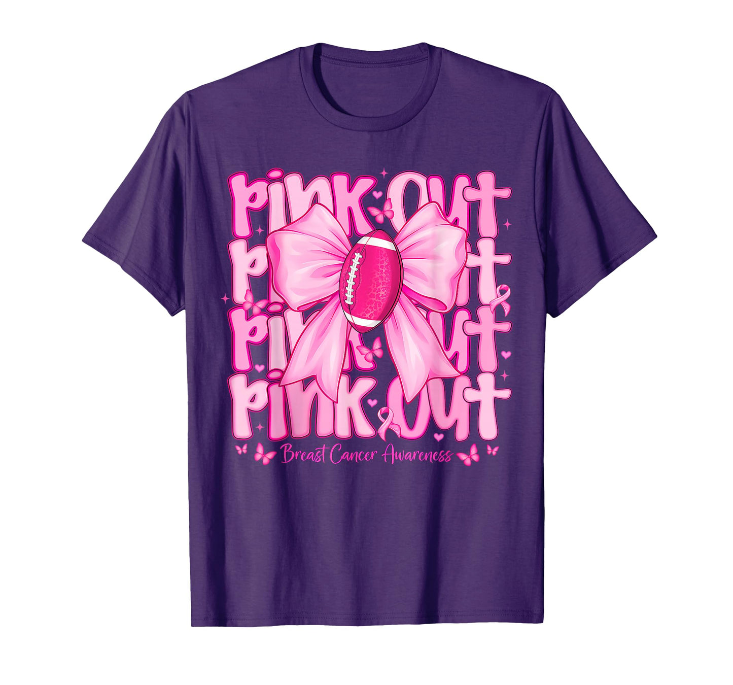 Womens Pink Out Football Tackle Breast Cancer Awareness Bow T-Shirt