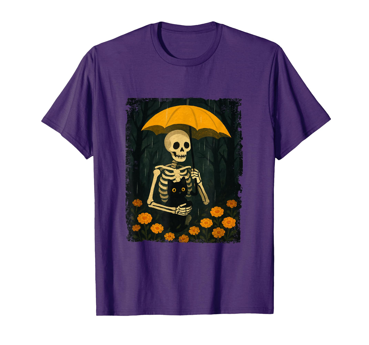 Skeleton Holding Black Cat Under Umbrella Halloween Floral T-Shirt