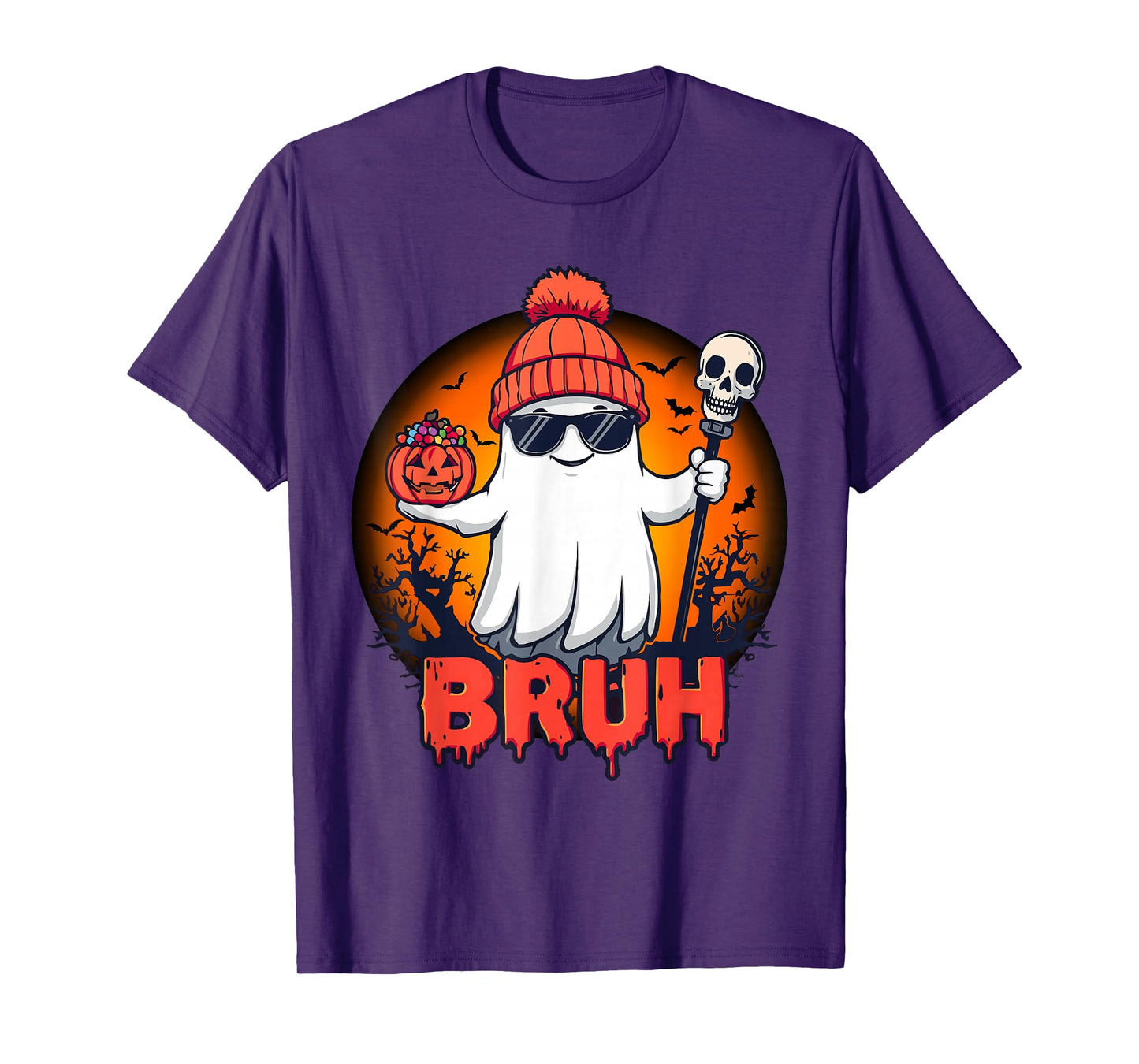 Funny Ghost Bruh Halloween with Pumpkin Trick Or Treat Candy T-Shirt