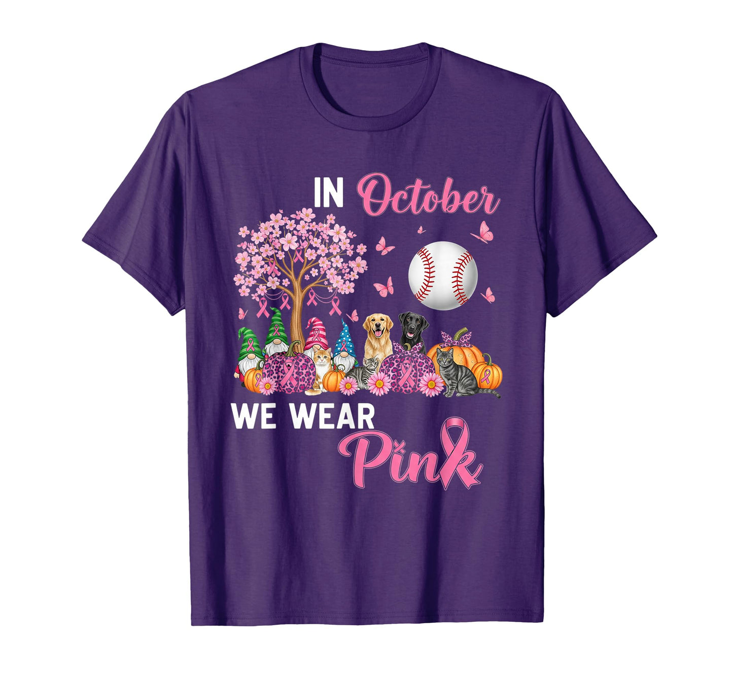 in October We Wear Pink Cats Dogs and Gnomes Lovers T-Shirt