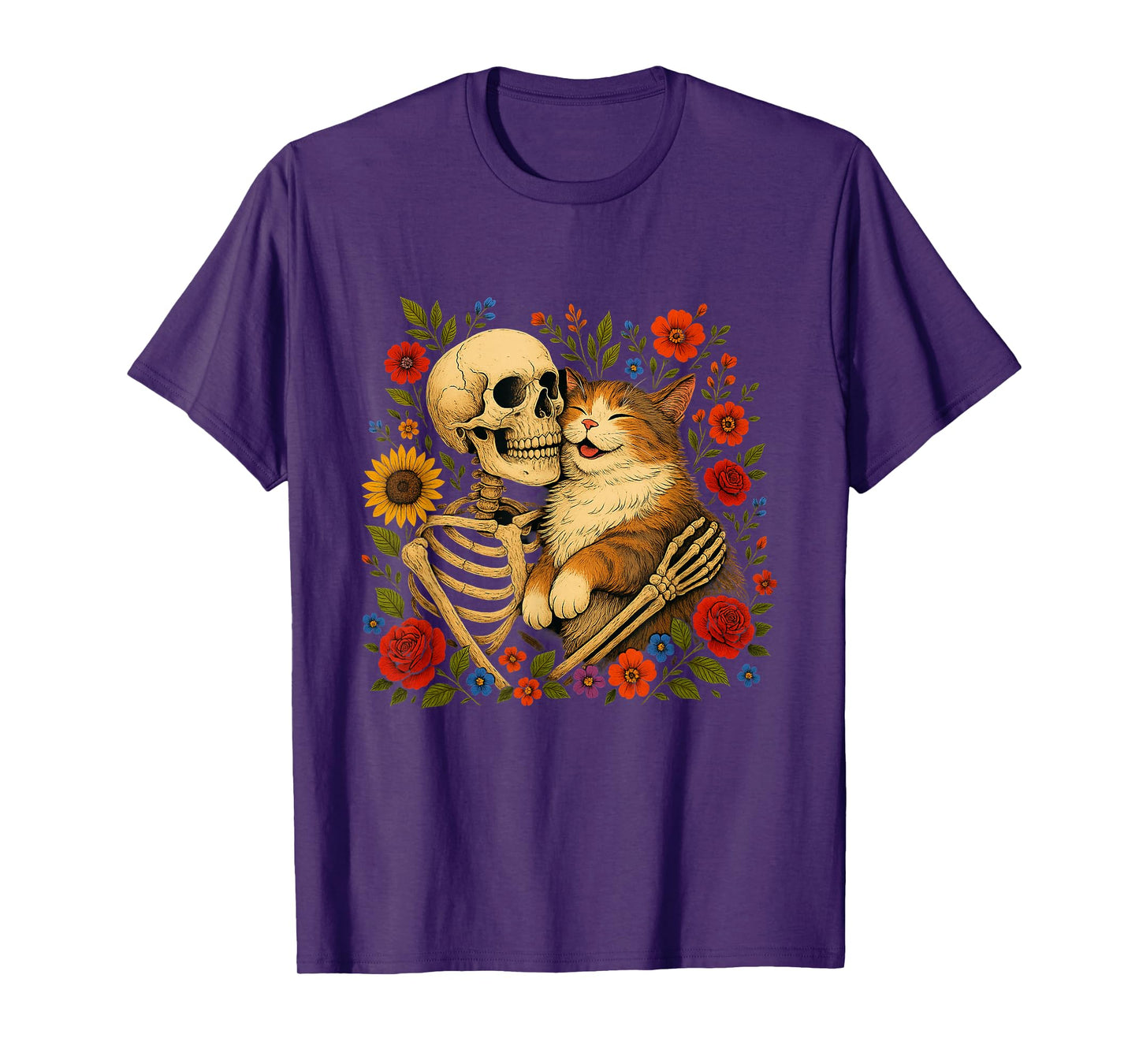 Skeleton Hugging Cat Floral Funny Halloween Cats Lover T-Shirt