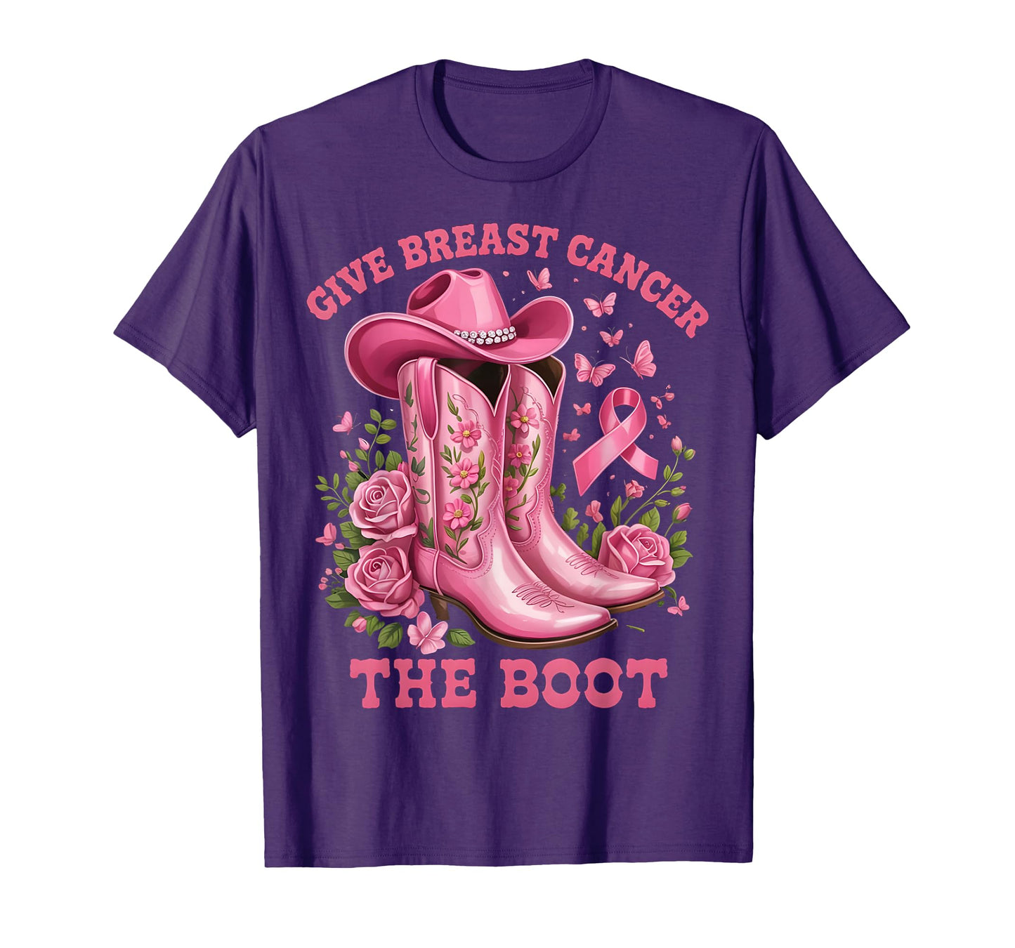 Give Breast Cancer The Boot Cowgirl Cancer Awareness Ribbon T-Shirt