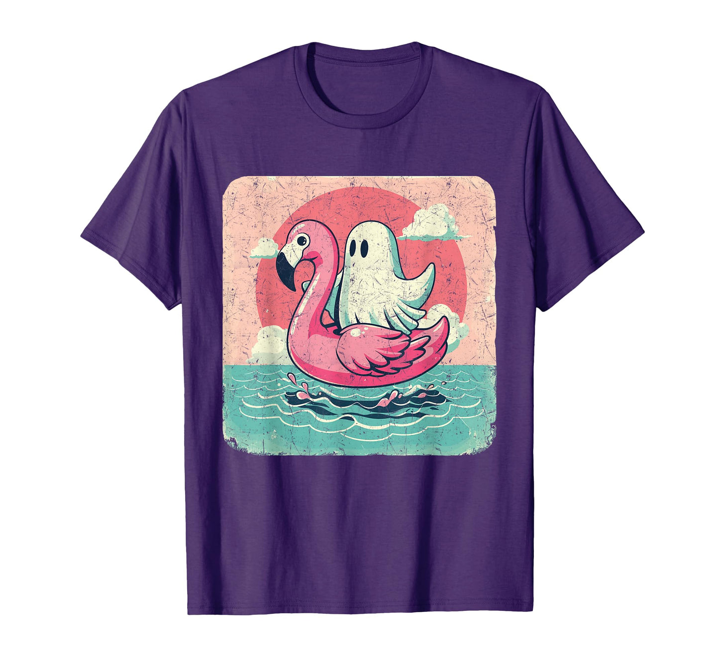 Funny Pool Vintage Ghost On A Pink Flamingo Summer Halloween Men Women T-Shirt