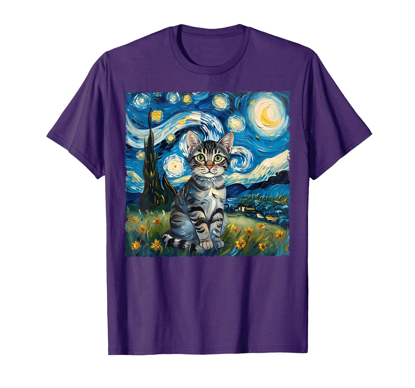 Van Gogh Style Funny Gray Tabby Tiger Cat Lover Starry Night T-Shirt