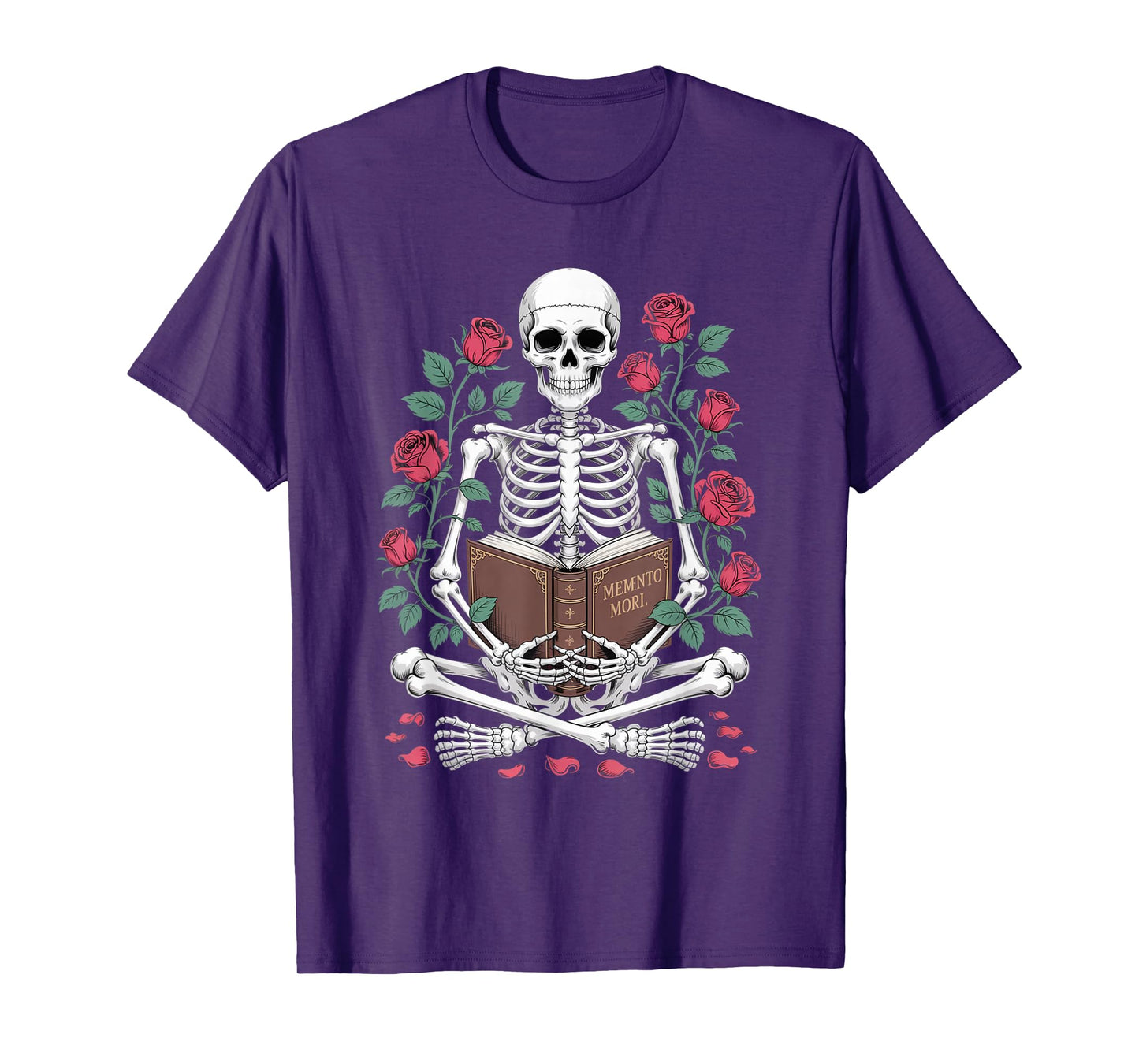 Skeleton Reading Surrounded by Roses Halloween Artwork T-Shirt