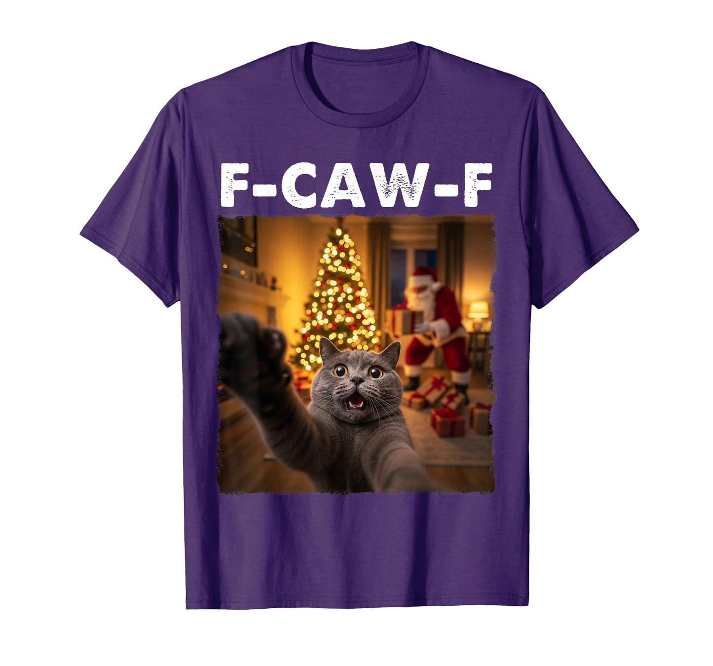 FCAWF Cat Christmas F-CAW-F Cat Xmas Funny Cat Selfie Santa T-Shirt