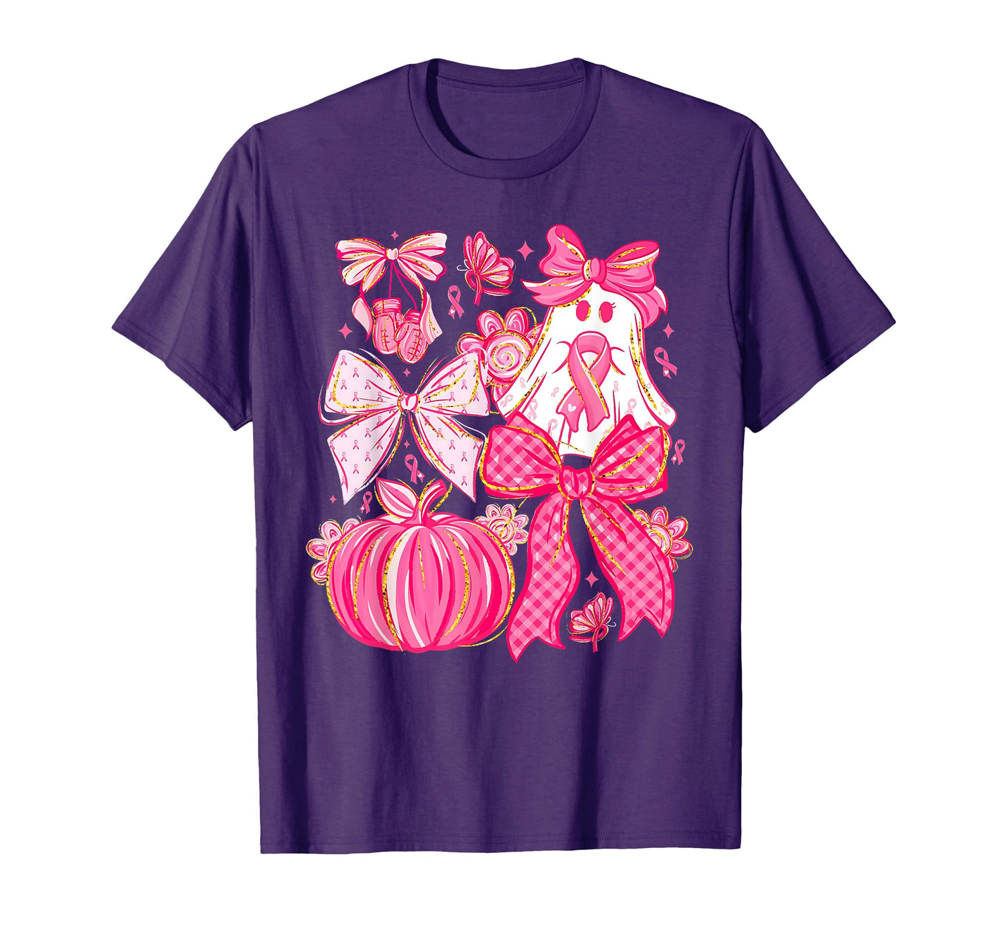 Breast Cancer Pink Ribbon Coquette Bow Pink Ghost Pumpkin T-Shirt