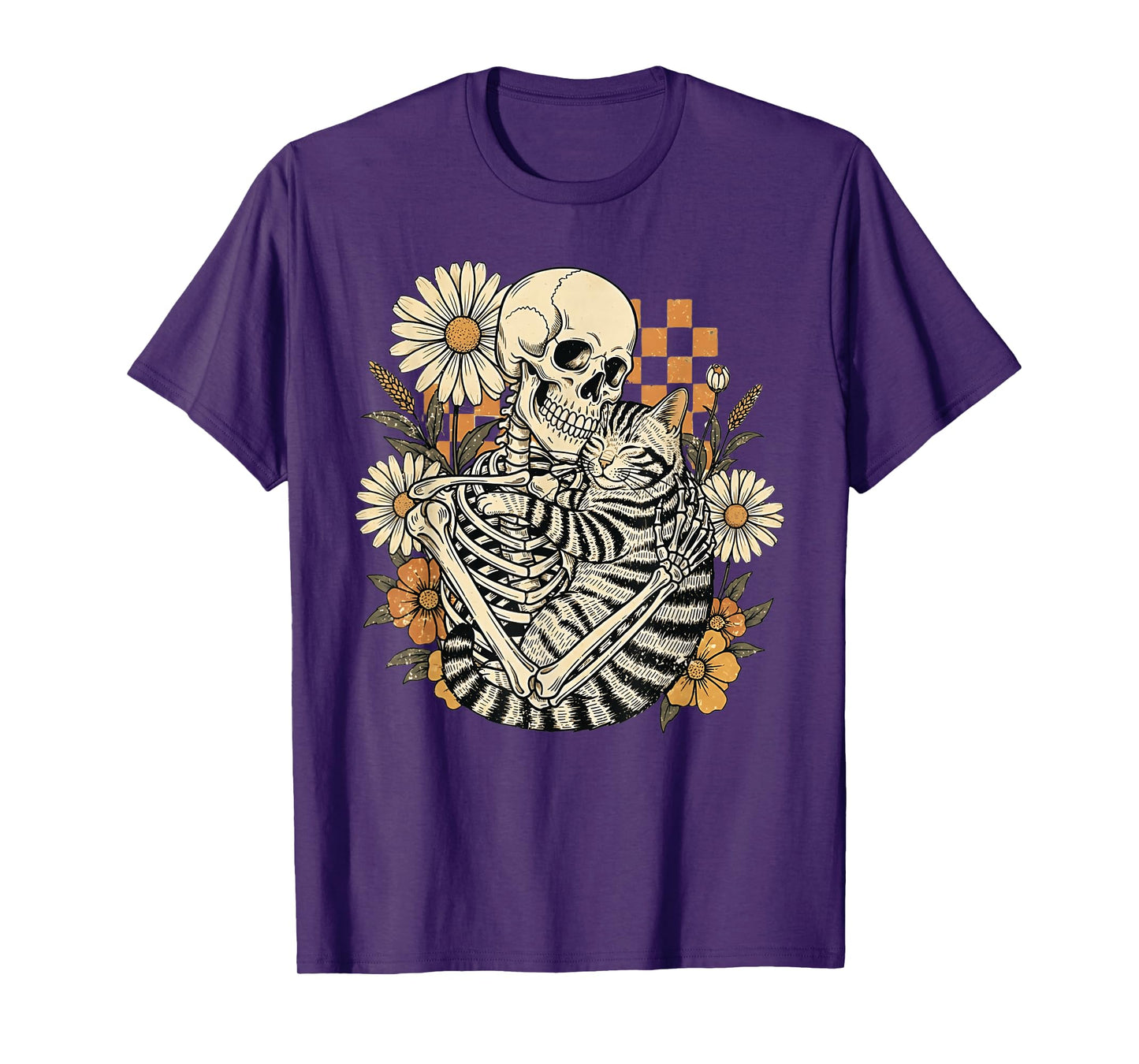 Floral Skeleton Hugging Cat Halloween Cats Mom Dad T-Shirt