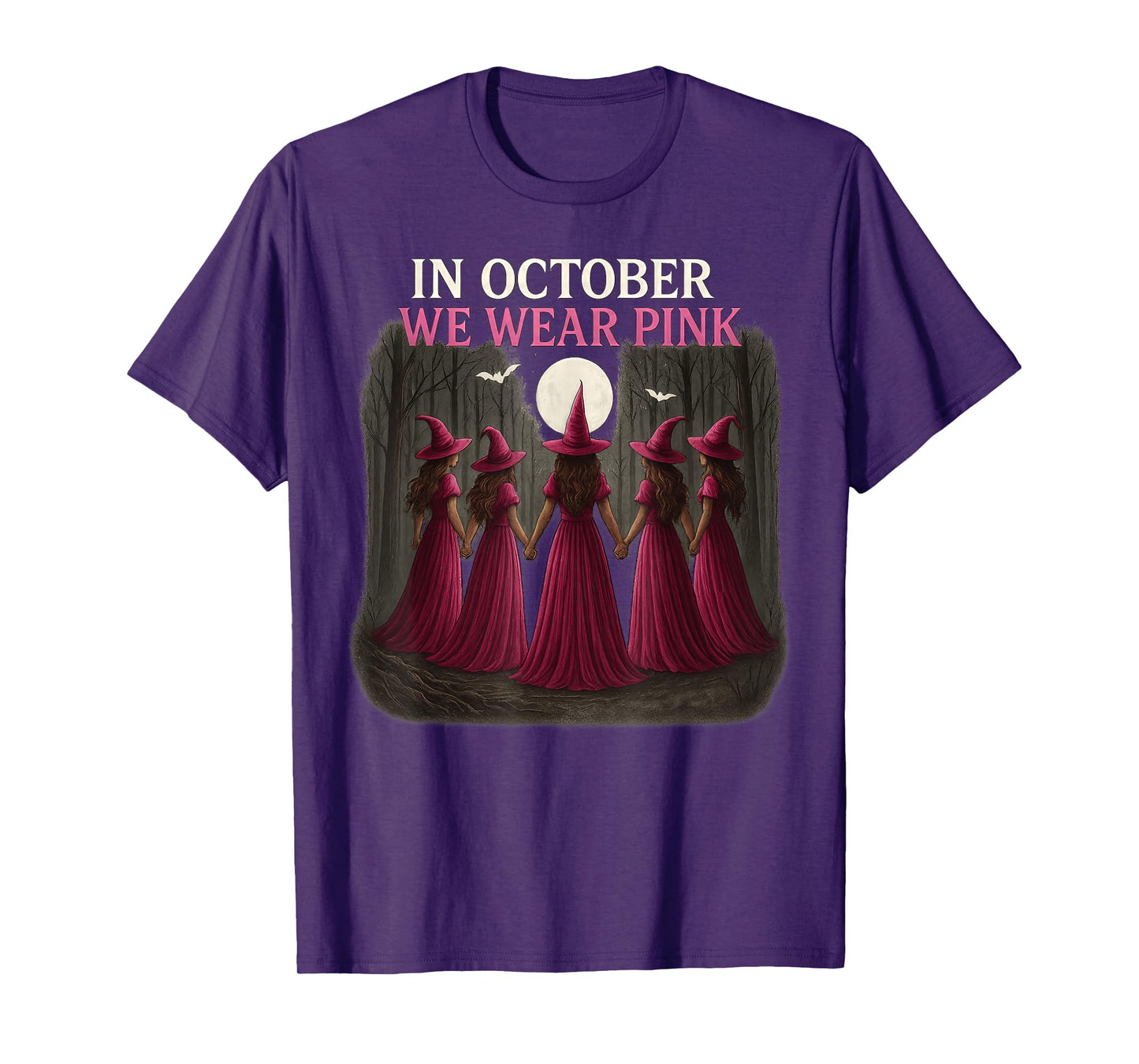 in October We Wear Pink Witch Halloween Breast Cancer Women T-Shirt