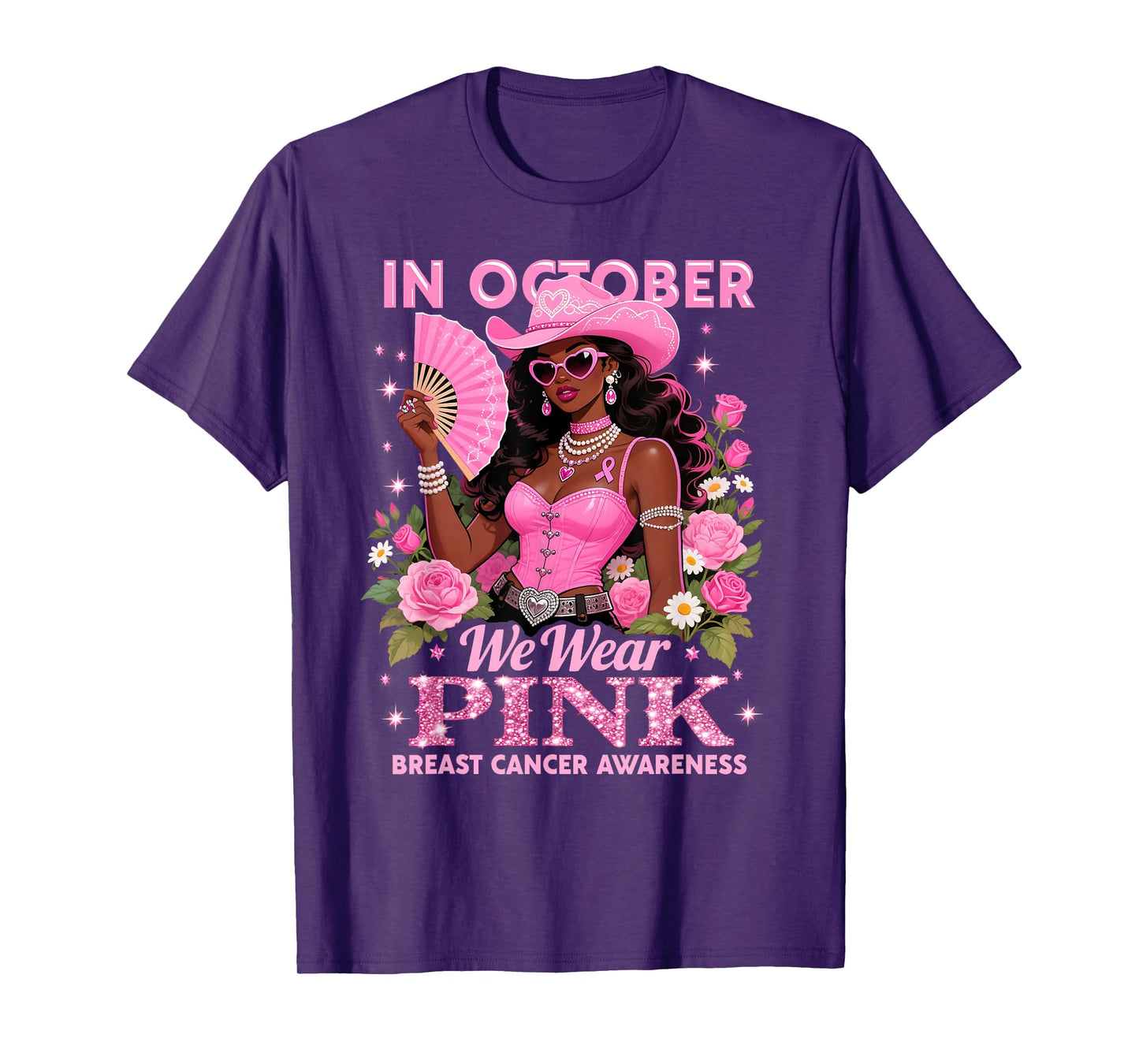 in October We Wear Pink Cowgirl Awareness Art T-Shirt