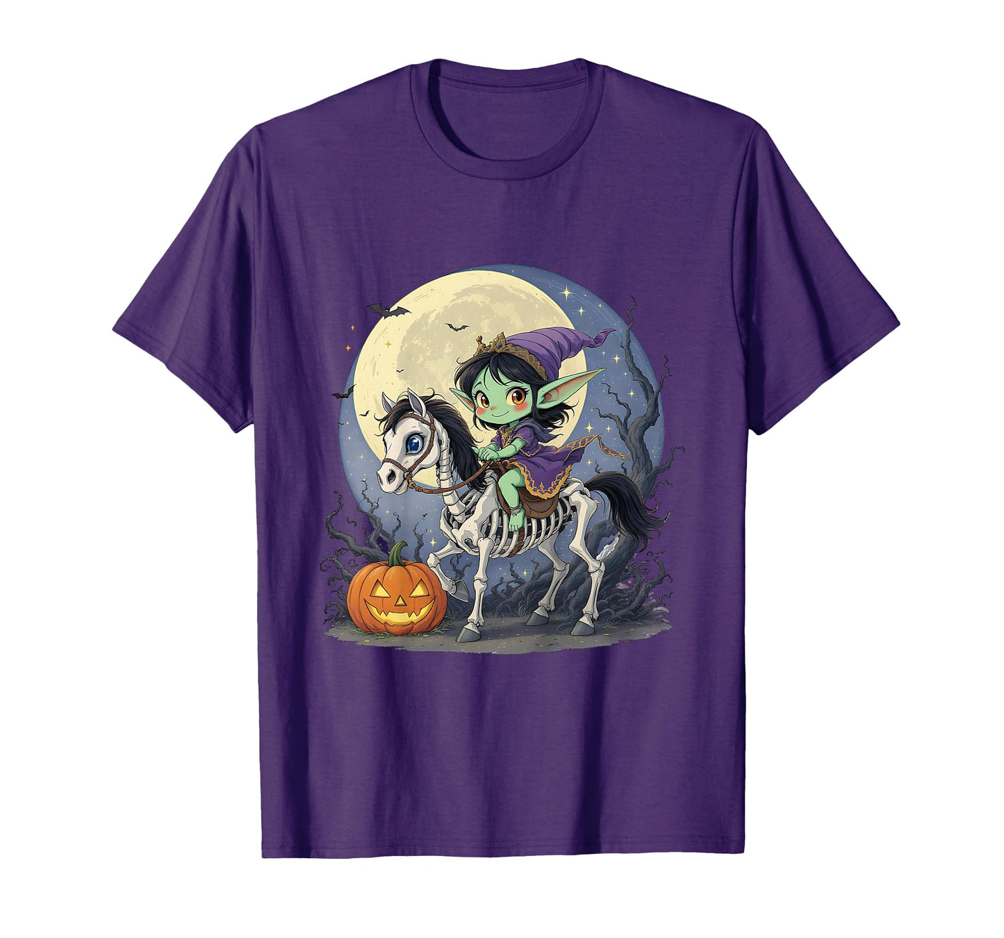 Dark Elf Goblin Troll Girl Riding Horse Skeleton Halloween T-Shirt