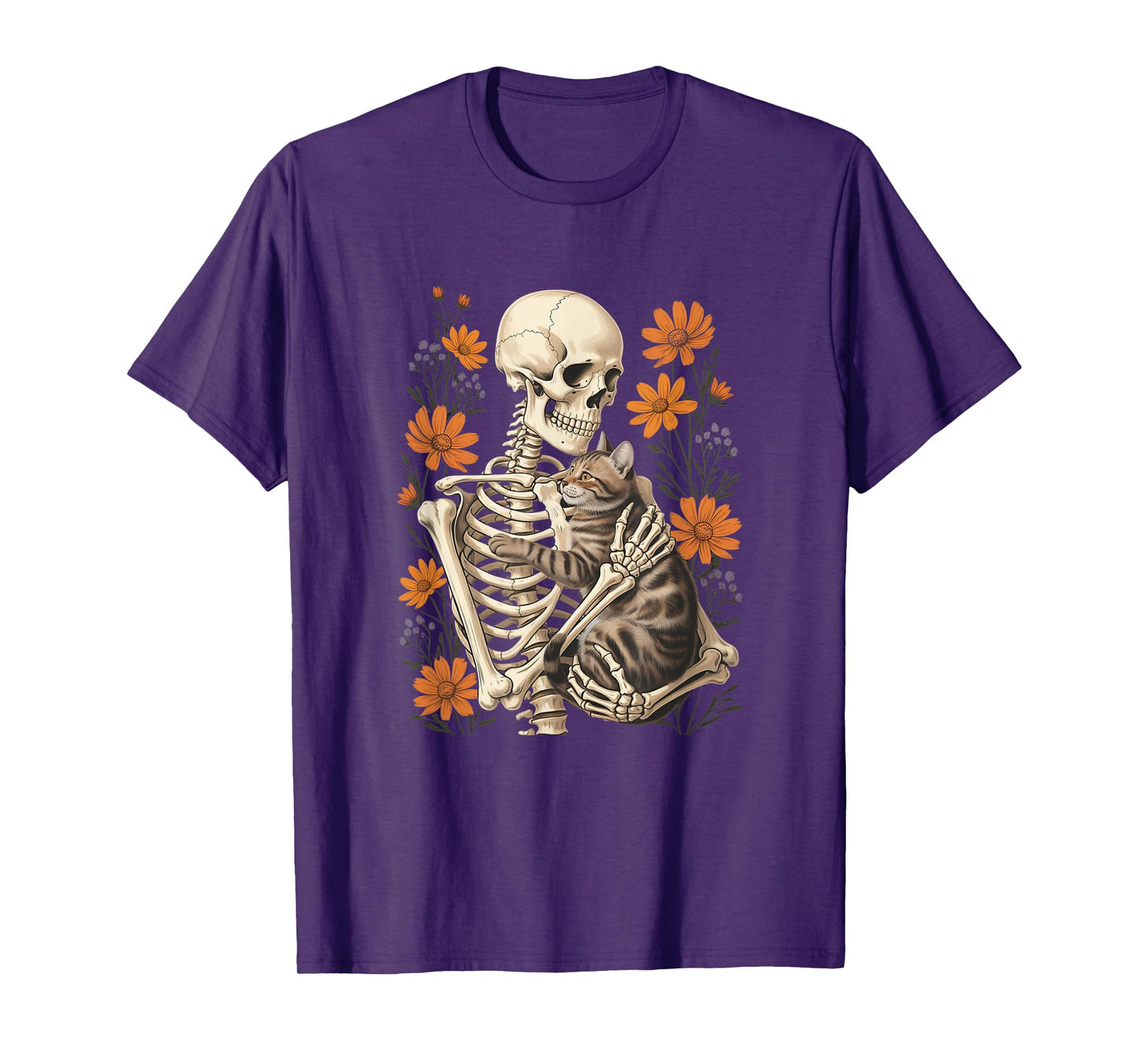 Funny Skeleton Hugging Cat Floral Halloween Cats Lover T-Shirt