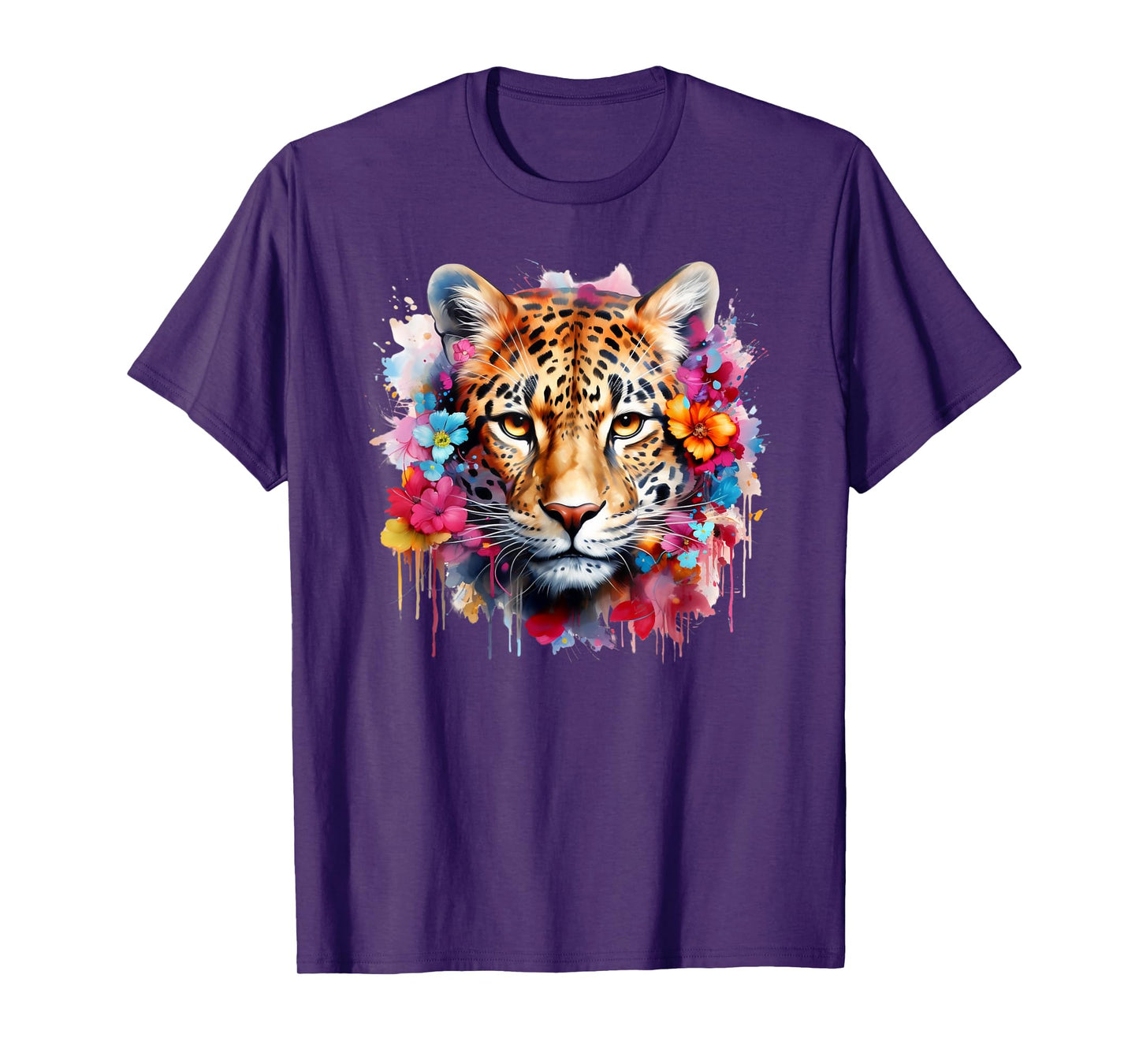 Colorful Leopard Portrait Flowers Floral Leopard Watercolor T-Shirt