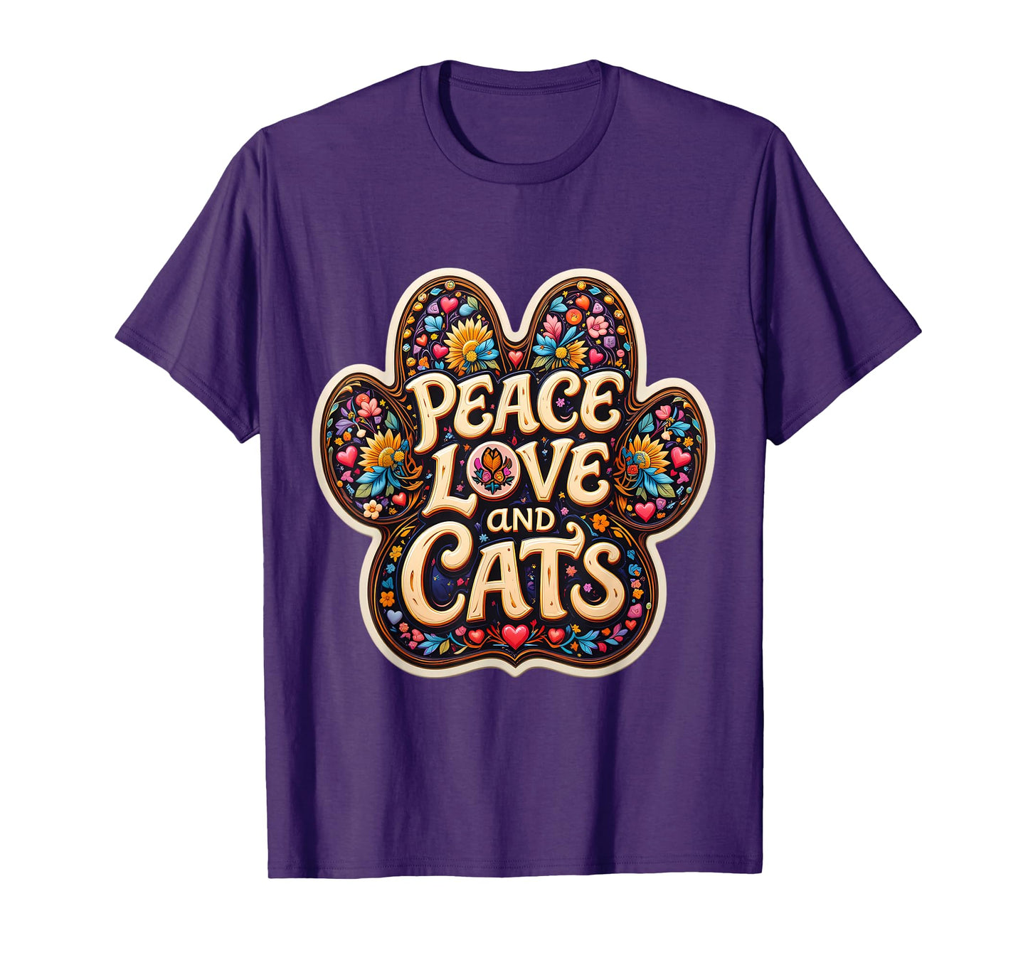 Peace Love And Cats Lover Owner Paw Vintage Hippy Floral Sun T-Shirt