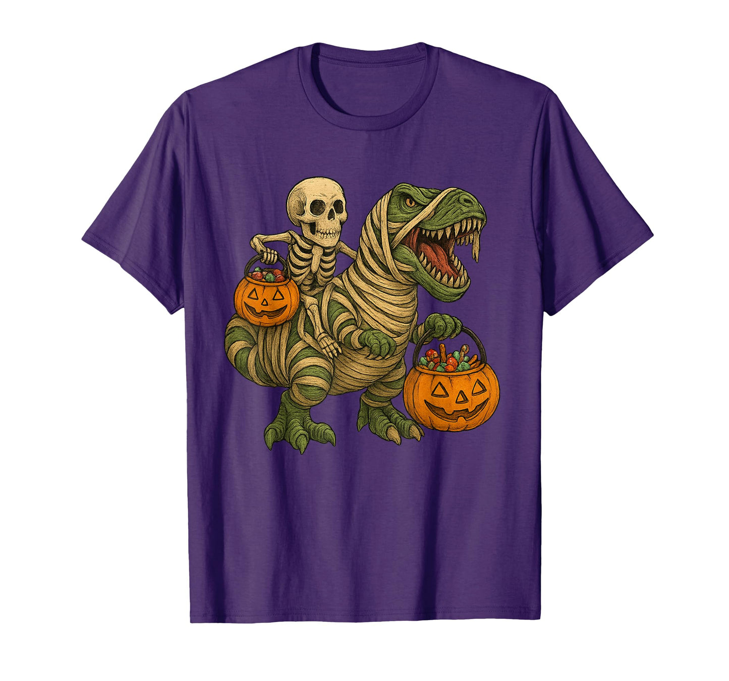 Skeleton Riding Mummy Dinosaur T Rex Halloween Funny Pumpkin T-Shirt