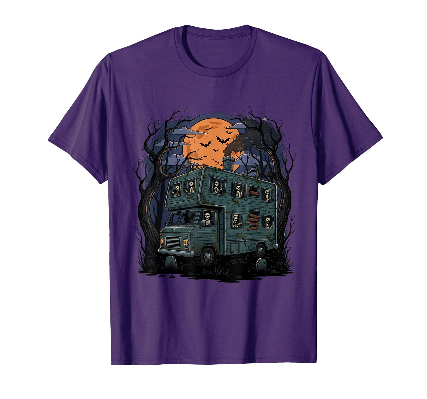 Haunted Camper RV Van Funny Halloween Skeleton Ghost Trip T-Shirt