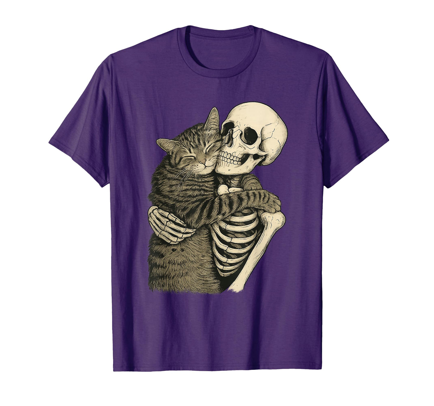 Skeleton Hugging Cat Halloween Funny Cats Lover Graphic Tees T-Shirt