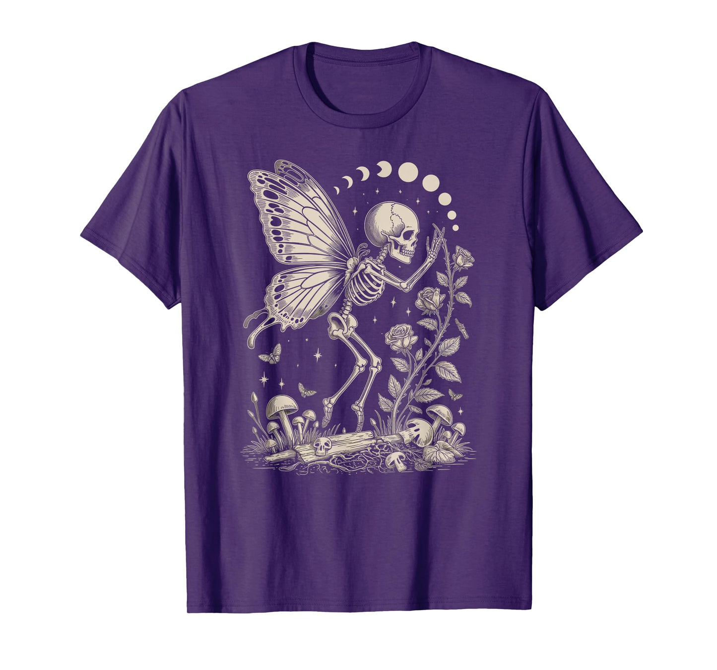 Skeleton Fairy with Roses Mushrooms and Moons T-Shirt