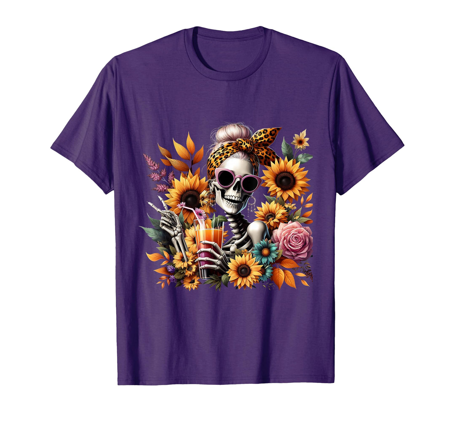 Fall Autumn Messy Bun Skull Bow Halloween Skeleton Women T-Shirt
