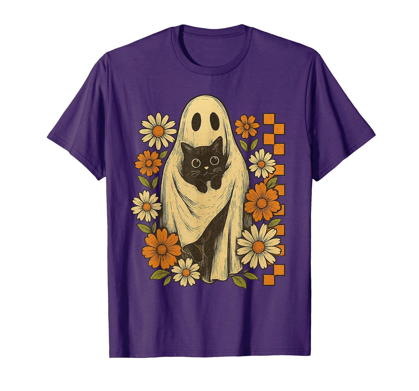 Vintage Halloween Ghost Holding Black Cats Groovy Floral T-Shirt