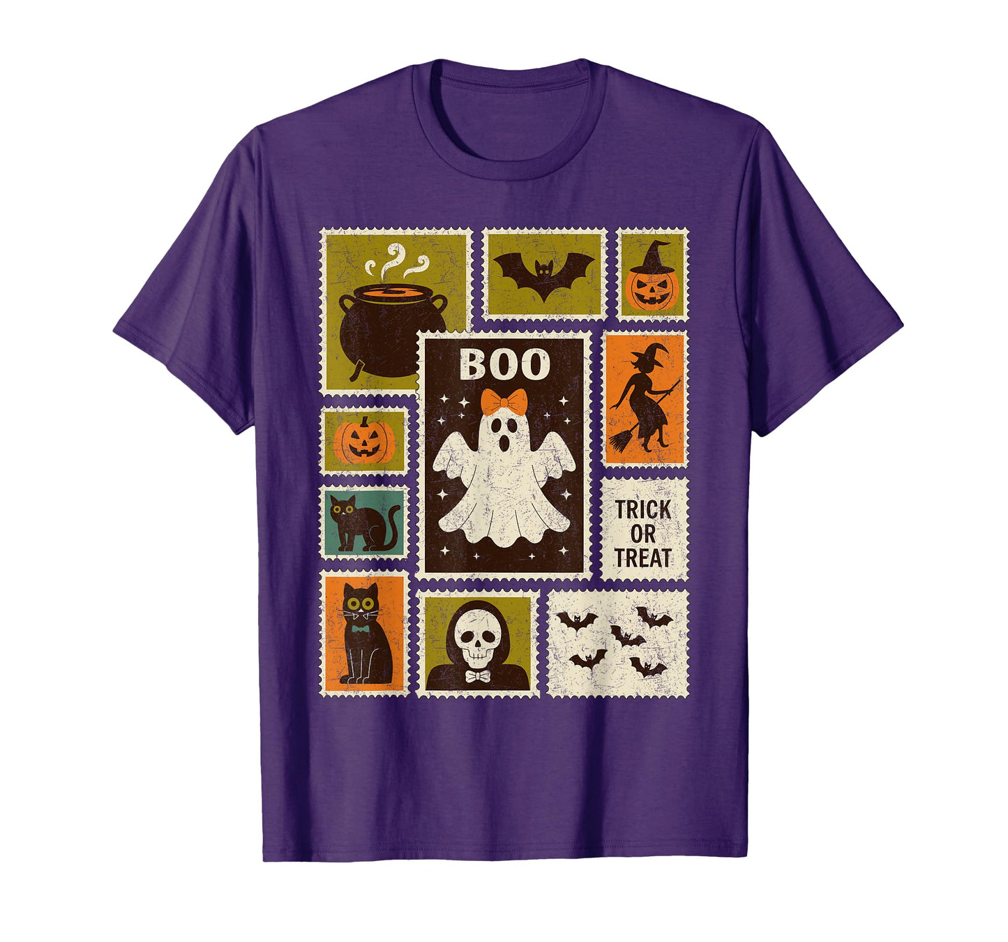 Halloween Stamps Spooky Pumpkin Ghost Cat Witch Skeleton T-Shirt